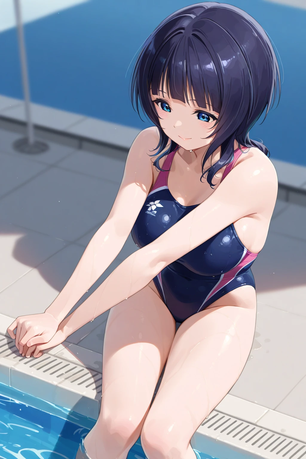 (((school swimwear)))、Beauty、Purple hair upstyle、((whole body))、(((photo taken from below)))、pool