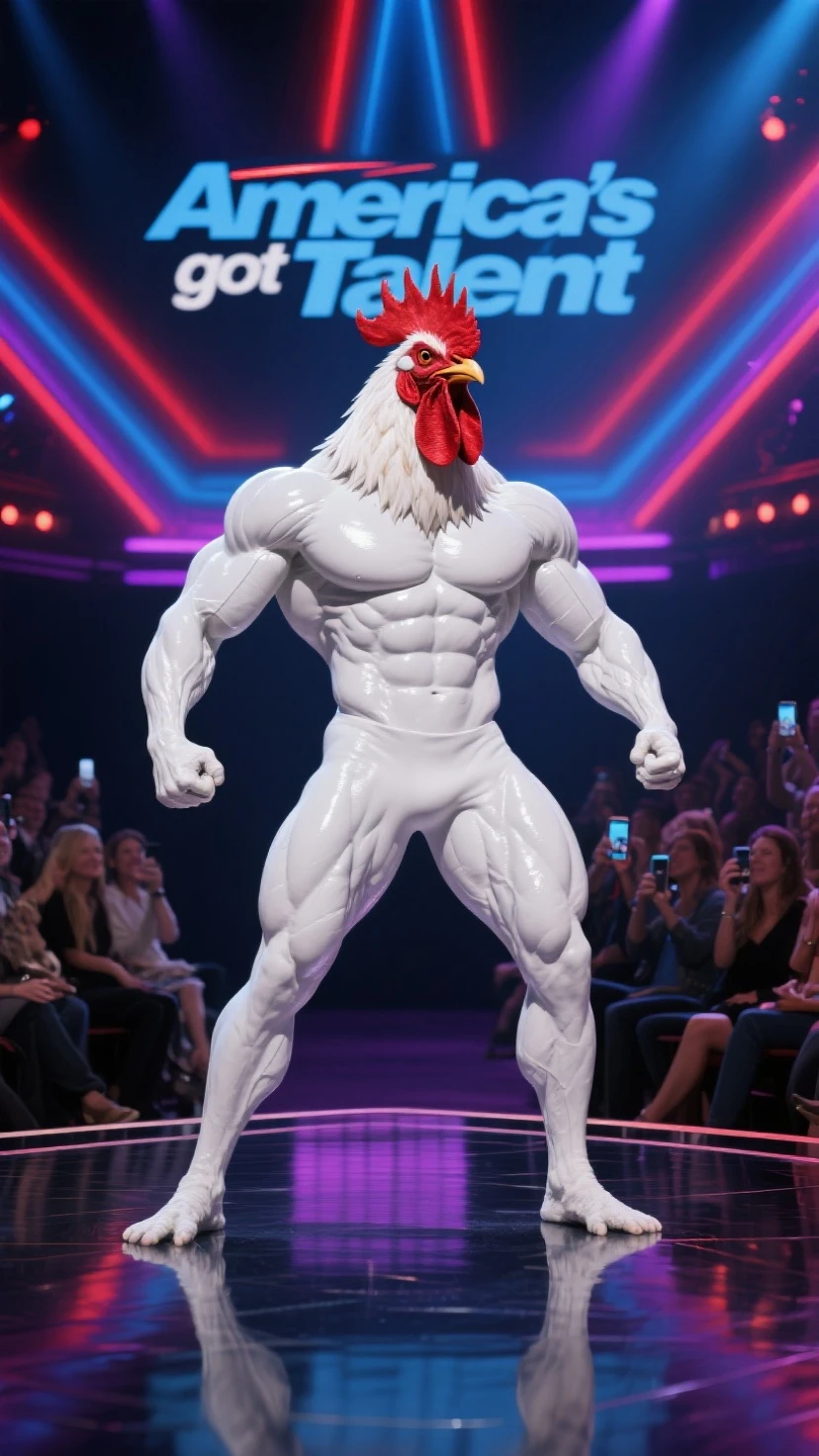 Create an excessively muscular rooster wearing lingerie surrounded by semi-naked women who are touching him.