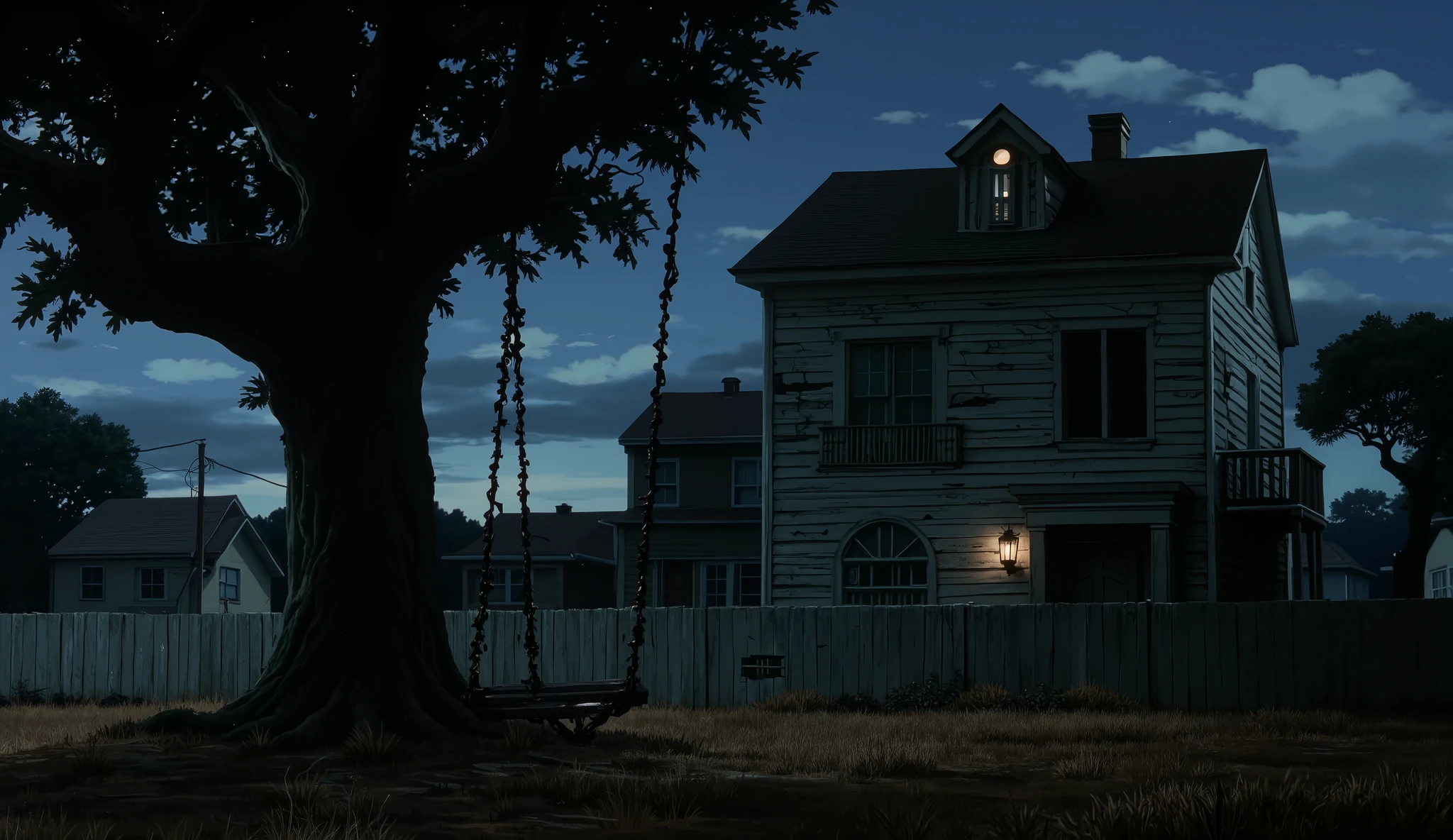 A two-story suburban house with peeling white paint, viewed from the backyard during dusk, dark heavy clouds in the sky, a large old mango tree with a creaky swing hanging from it, the swing caught mid-swing as if moving violently despite no wind, dry grass around the tree, faint light coming from one upstairs bedroom window, ominous atmosphere, thick tension in the air, quiet neighborhood background, muted colors, slight fog, horror anime background style, wallpaper format, analog film grain, perfect for subtle animation (swaying swing, flickering window light, tree leaves moving gently), 1990s anime background style