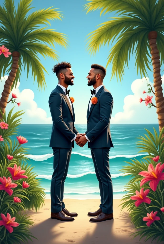 (high quality, stunning illustration), two handsome muscular men with tiny waists wearing white jockstraps,  one white man one black man, kissing, floating into a clear blue sky while holding a bunch of balloons in one hand.
