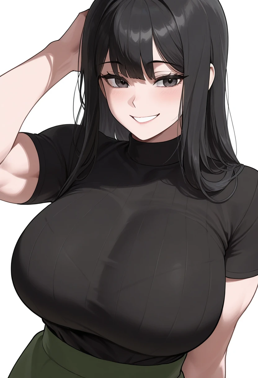 Plump year 21 big breasts black hair brown eyes happy longer hair smile blushing deredere 