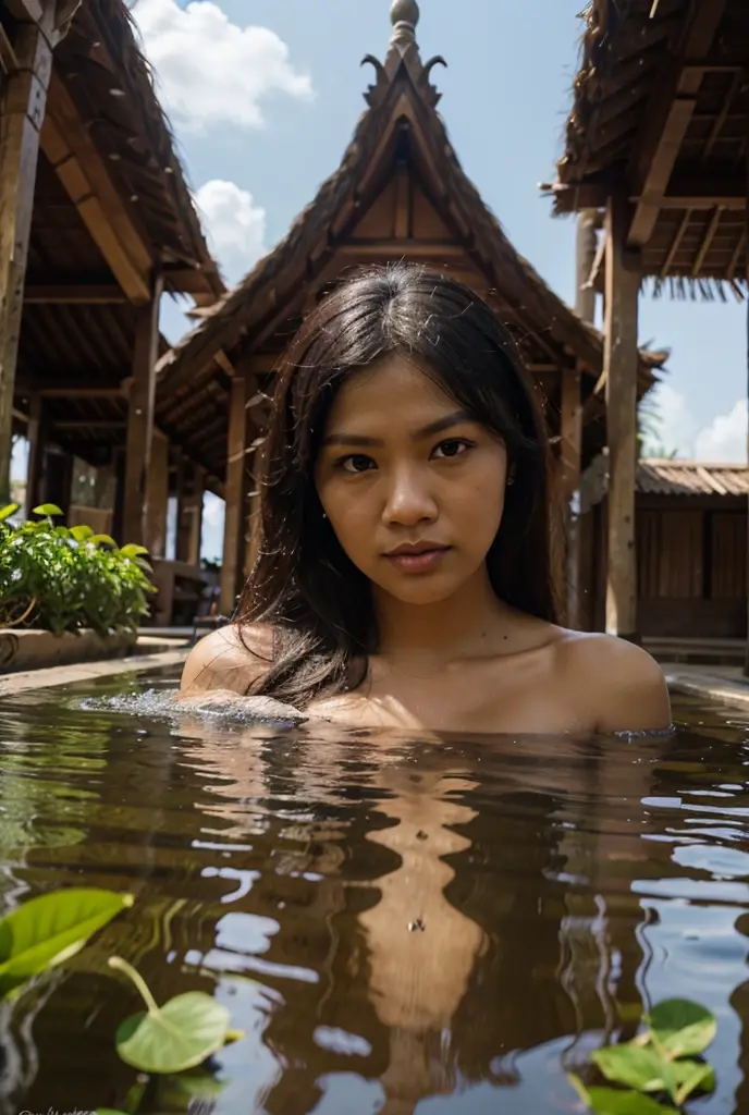 最high quality、high quality、best image quality、8K、最High resolution、High resolution、最high quality、masterpiece、Raw photo、whole body photos、Realistic human body in every detail、Realistic skin in every detail、Realistic face in every detail、Realistic eyes down to the details、Realistic lips in every detail 15-year-old girl are playing in the water without clothes in a large lake in a Myanmar village at sunset