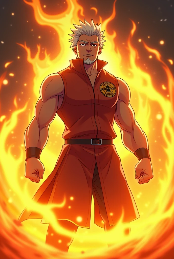 Chico anime con pelo blanco con cara varonil ,sin camisa,con llamas en el cuerpo ,con gorra oscura,la gorra tiene una pequeña corona de color naranja ,el pantalón es oscuro con alas dibujadas en los lados ,las alas dibujadas son doradas y brillan ,el pelo debajo de la gorra,el pelo es de color marrón
,la gorra cubre toda la parte superior del pelo ,el chico tiene un tatuaje en el pecho que dice Luigimax, ponle la corona pequeña en la gorra , tiene zapatos blancos , ponle el fuego en brazos y el pecho