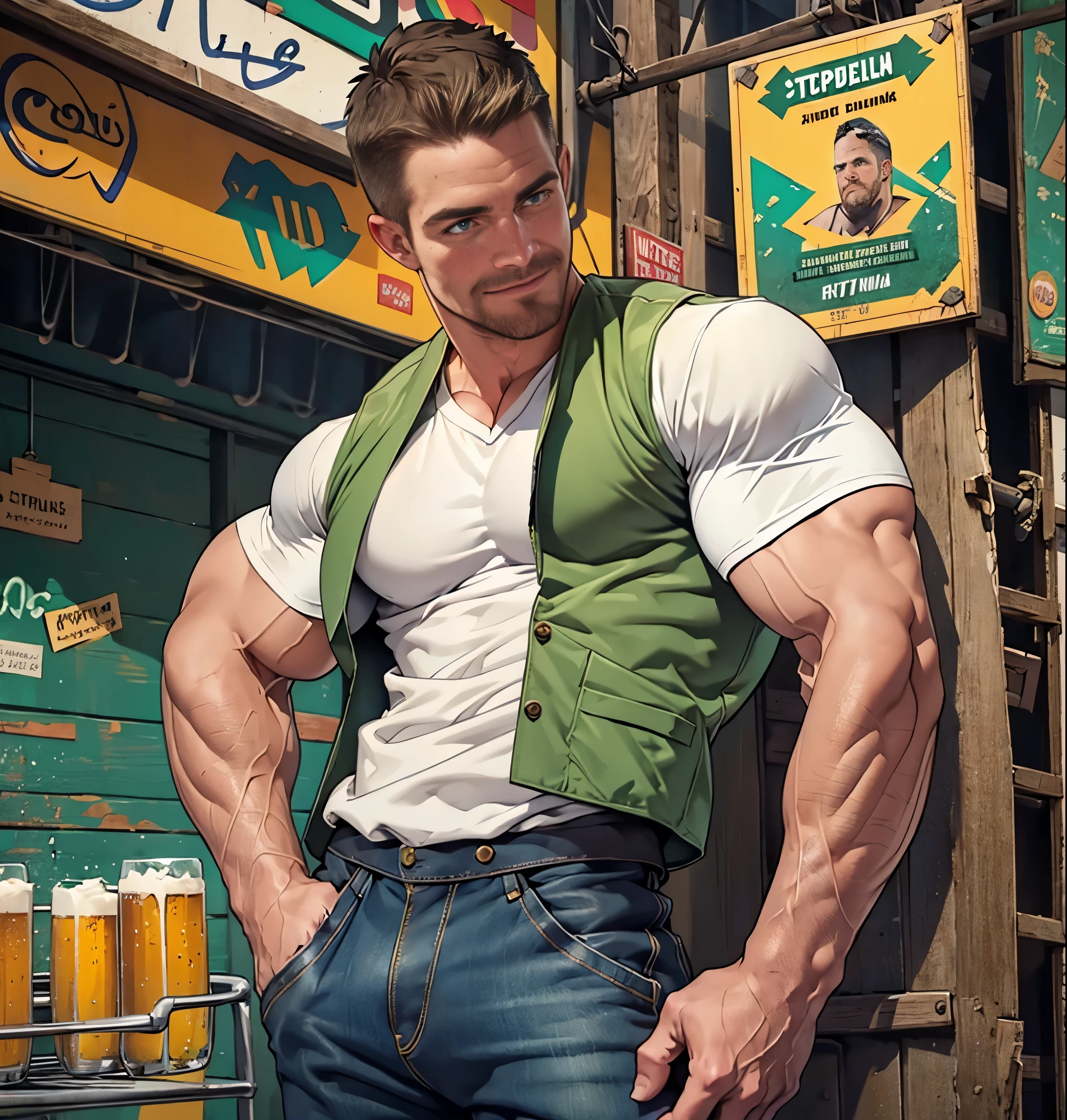 Clear background、A handsome tall man standing, He is 28 years old,Thin waist,The pectoral muscles are well developed, He is 175cm tall,Weight 62 kg、yellow-green eyes、brown hair color、short hair、Shirtless、Denim shorts,((Holding a potted plant))、looking into camera,Smile,在一家gardening store內,Lots of potted plants and gardening tools placed around,Natural daylight,Warm wood decor,gardening store,indoor,apron,Cinematic feel,gentle but sexy,Sideways photo,butt,Back muscles,Full of details,Living Style