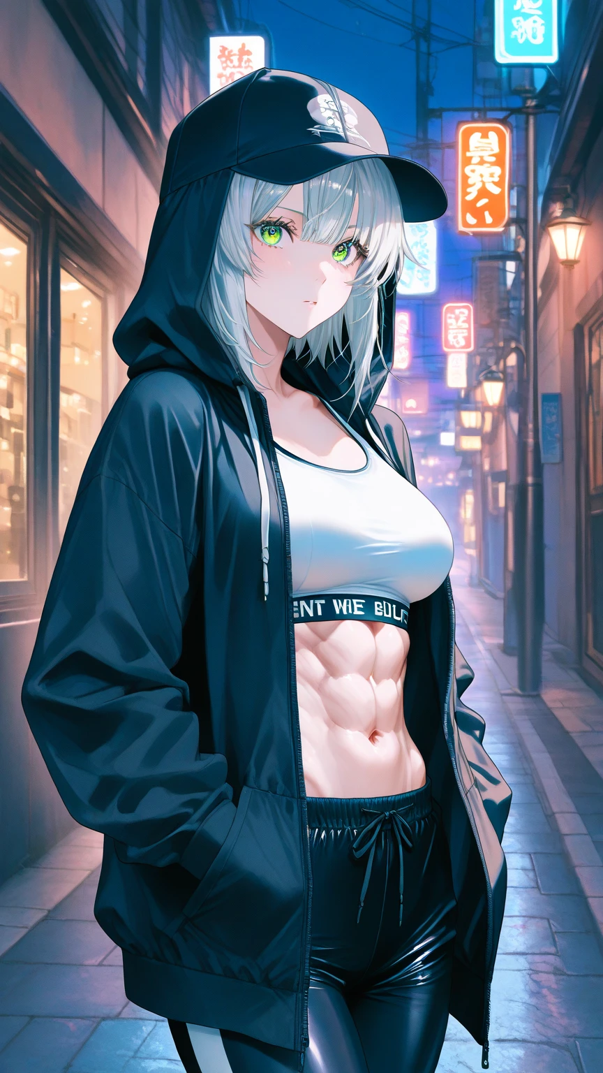 Mirko Mha, 1girl,solamente,hembra de piel oscura, dark skin, senos grandes,chaqueta recortada,Abs, 鎖骨, pantalones de yoga, Brecha entre el muslo, muslos gruesos, black pant,Mirando al espectador, Noche, Crimson Red Theme,Paisaje urbano,cyberpunk, Orejas de conejo, rabbit girl, cana, Cabello largo, musculoso femenino, ojos rojos,