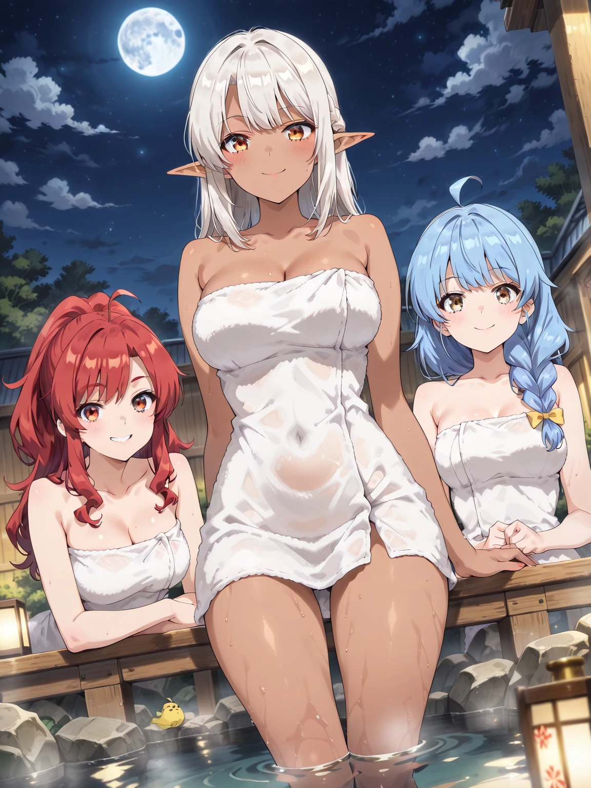 (masterpiece, best quality), ((uncensored)),Lum, 3 elven girls, ( collar bone, cleavage, navel,  thigh),  view from side, (light blue hair, twin tails ,very long hair , hair is shimmering), hair between eyes, multi colored hair,hair flower ornament ,blush,  aqua eyes, gradient eyes, superb smile ,pointed ears, large breasts, tiger print strapless vikini,japanese ryokan , walking, having a chat , tiger print shorts ,while walking