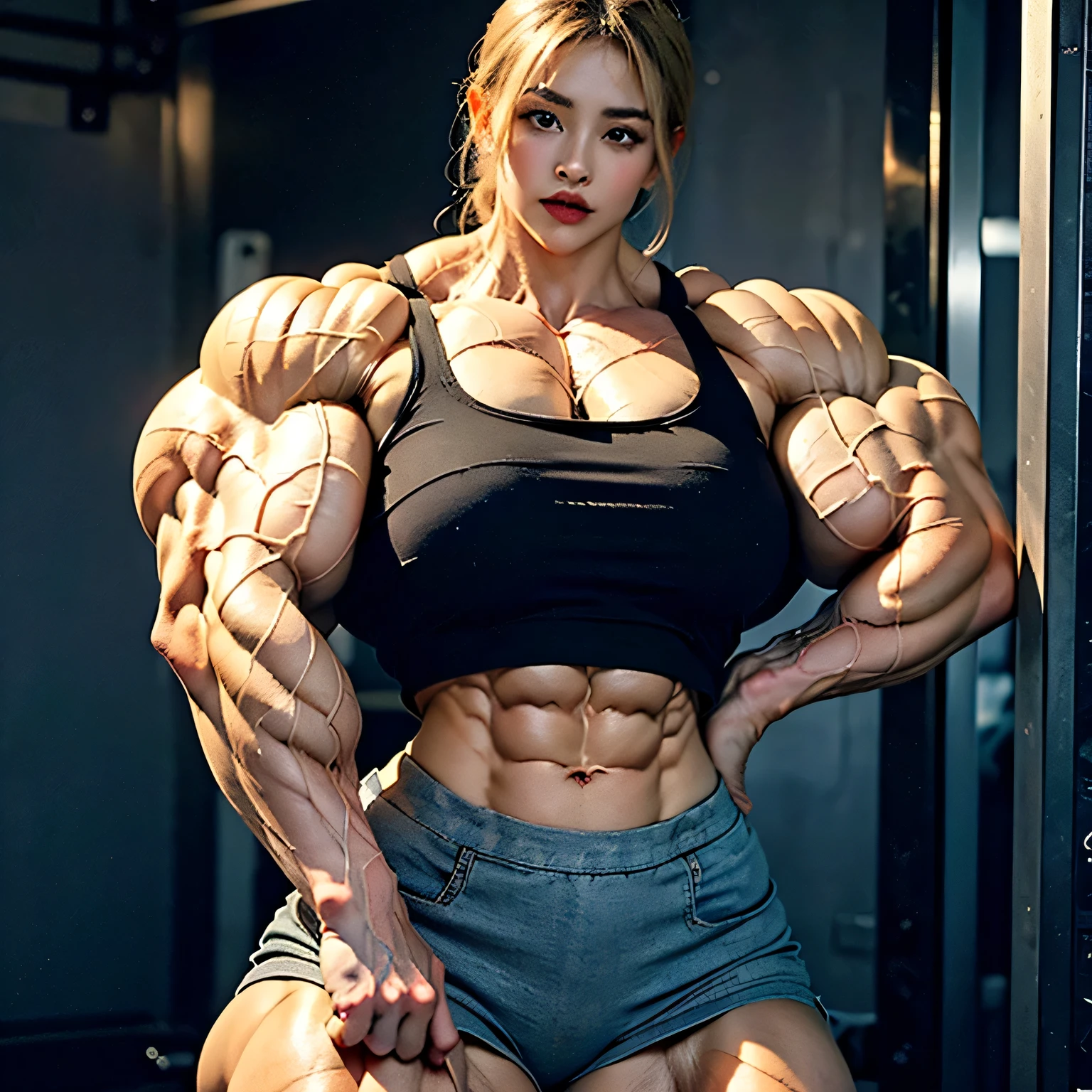 a woman with a very big breast posing for a picture, feminine and muscular, fitness model, muscular girl, muscled, ripped, exaggeratedly large physique, shredded, exaggerated physique, strong body, big wide broad strong physique |, bodybuilding woman, exaggerated muscle physique, massive muscles, very beautiful. big muscles, bodybuilder physique, bursting with muscles