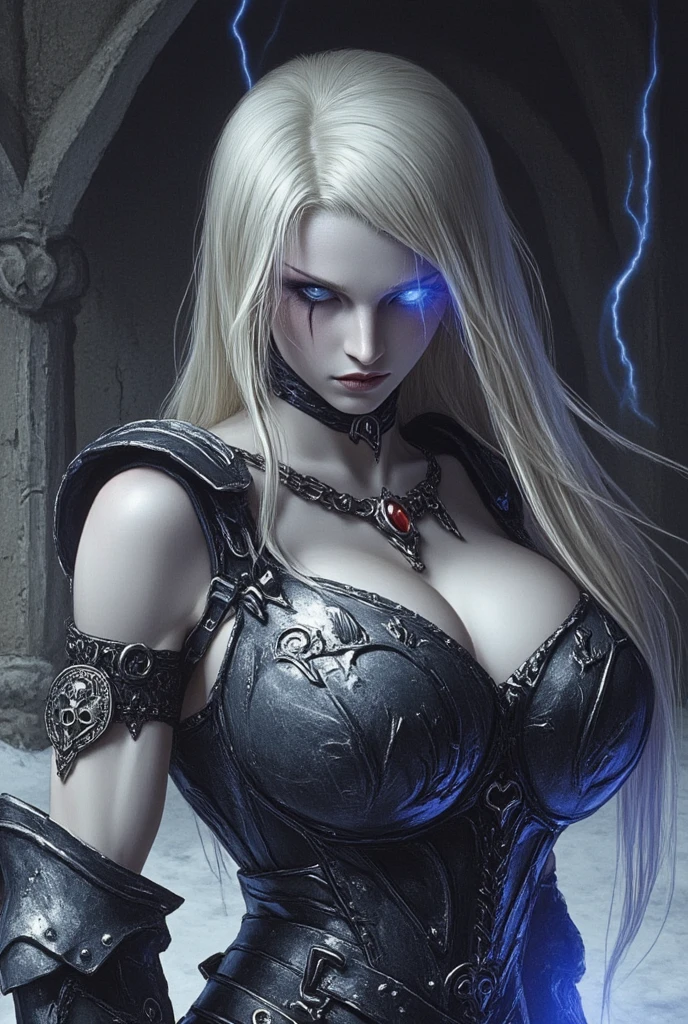 Pale blue skinned, undead Queen, cut throat, small breasts, beautiful girl, chaotic armor,