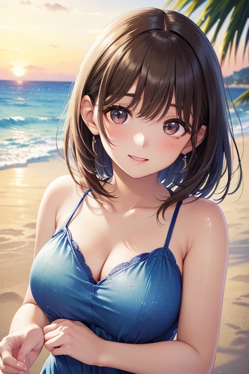 Cute micro bikini with frills, upper body up, brown curly hair, big, (I cup), beautiful girl, young, cute, best smile, seaside, camera gaze, 8k, very detailed, best image quality, best quality, realistic, photoreal, masterpiece, beautiful detailed girl, very detailed eyes and face, beautiful detailed eyes, sexy lips, shiny skin,
