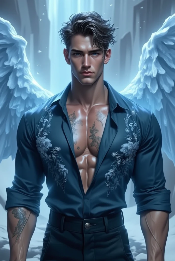 man who is 20 years old, Masculine traits. the man is handsome, silver colored hair, hunting green eyes, beautiful angels, hot body , sexy body, sexy passionate