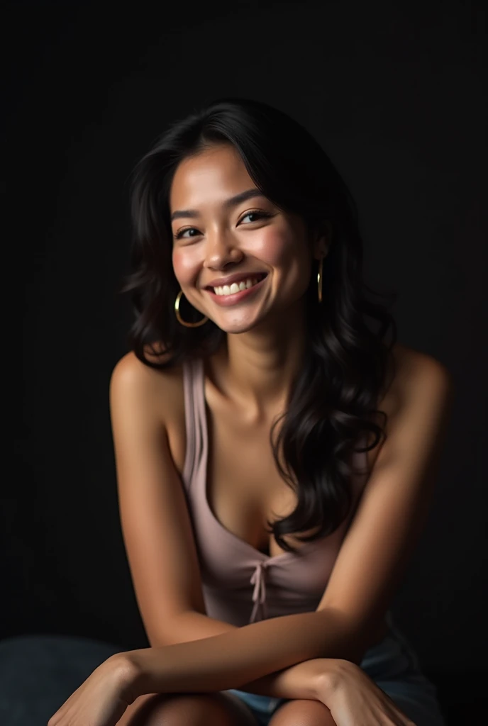 RAW photo, face portrait photo of beautiful 26 y.o woman, cute face, wearing black dress, happy face, hard shadows, cinematic shot, dramatic lighting
