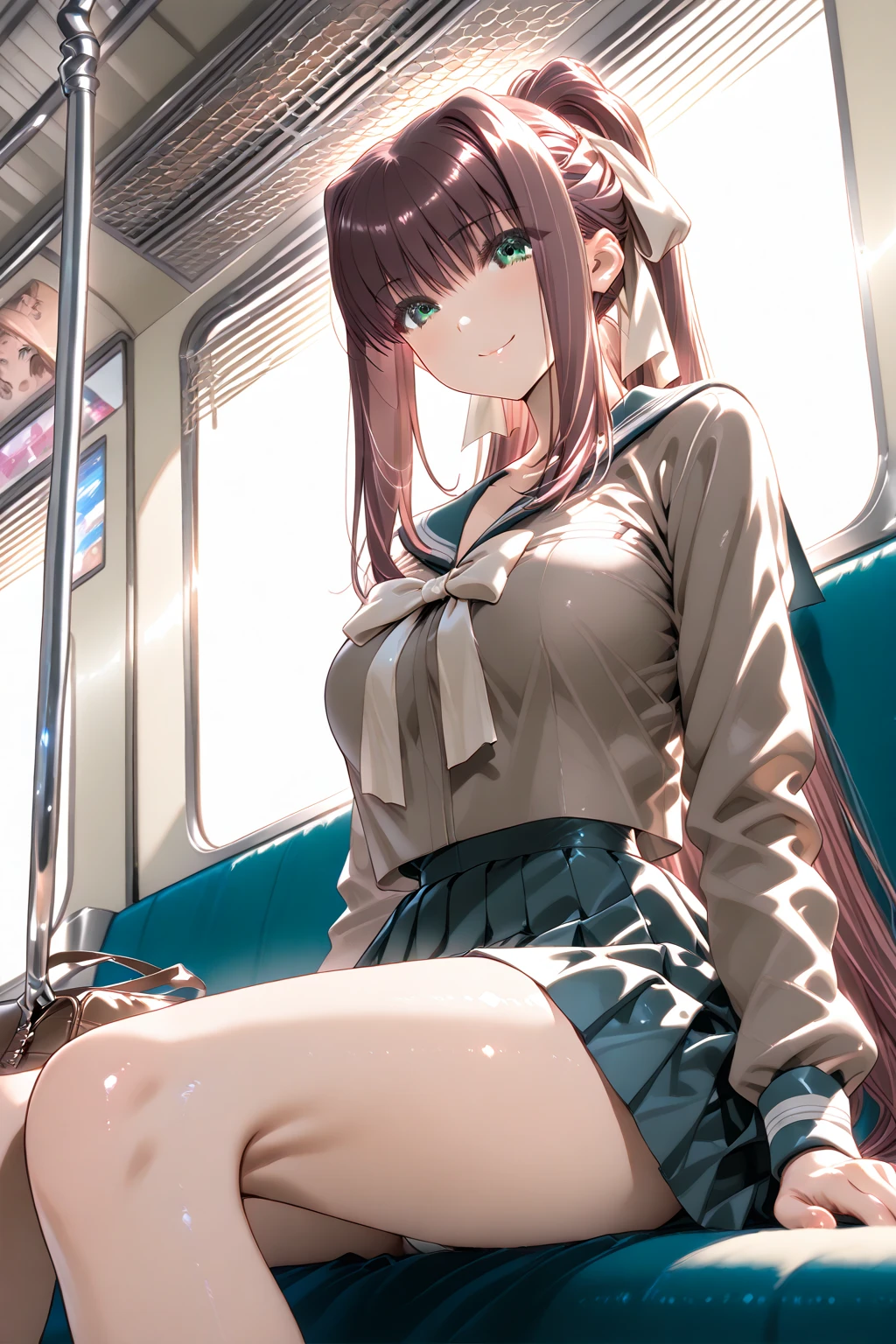(masterpiece, highest quality, ultra high res, ultra detailed:1.3), 1 cute girl, ideal ratio body proportions, pink medium hair, sitting on long chair, in train, outstretched legs, (white panties visible:1.4),  uniform, blue pleated mini skirt, on the train, clothes covered nipples, front view, 