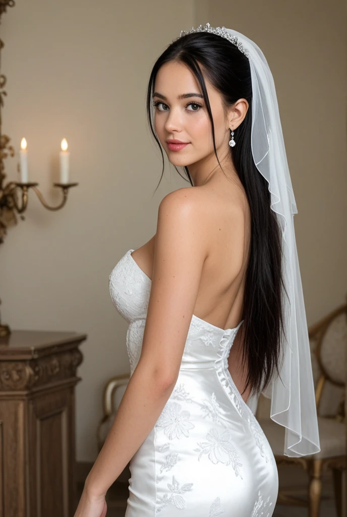 Realistic full body photo of a smiling black-haired young girl with long hair, ponytail hairstyle, She dances in front of the camera in a long A-line wedding dress with straps made of shiny satin., Park,glamour fotoshooting, Wedding celebration, perfect anatomy, perfect brown eyes. Perfect hands with 5 fingers on each hand, Matching girl, look into the camera, 1 Frau. (Eye make up:1.1), (highly detailed skin:1.1), spirit, analog style, keen focus, 8K UHD, dslr, good quality, Fujifilm XT3, Grain, Award-winning, masterpiece. Wedding celebration