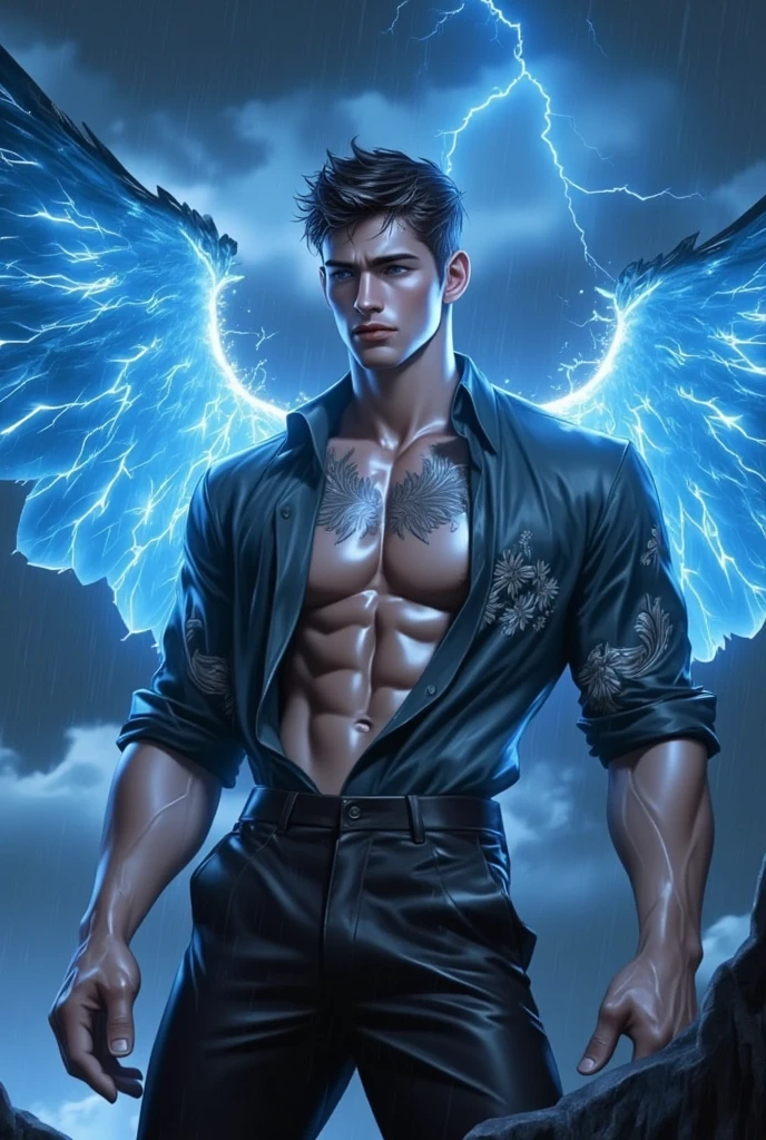 (1980s anime), (Cosmic Fallen Angel: 1.5), (masterpiece, high resolution, detailed:1.3), a mesmerizing depiction of a (strikingly handsome young man:1.5, (face: Matthew Daddario)) donning (cosmic print shirt and black brief, bulge:1.5), (open shirt showcasing chest and abs: 1.5), gorgeous, beautiful, wet, muscular, perfect eyes, sexy gaze, looking at the viewers romantically, perfect bare body, smooth skin, wide chest, largest breast, extremely large pectorals, big nipples, breathtaking grandeur, best quality, Biomechanical, eerie, Creepy, nightmarish, Very bright colors, Light particles, with light glowing, Mshiff, wallpaper art, UHD wallpaper, his (toned physique:1.5) is bathed in the soft glow of distant stars, and a hot glow in his skin, creating an otherworldly aura. As he sexually gazes out into the depths of space, his (intense blue eyes:1.2) reflect the wonder and curiosity of his cosmic journey. The intricate details of his attire and the (subtle gleam:1.2) on his skin are meticulously captured, lending an air of realism to the scene. (Sexiest posture: 1.5)