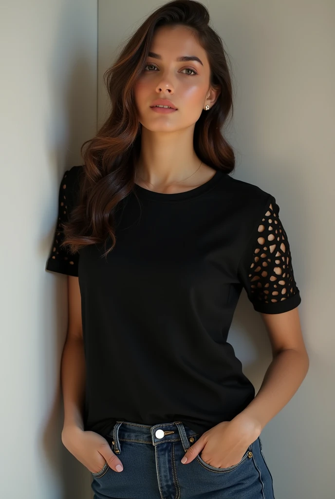 A photo of beautiful  italian woman with light makeup with long straight brown hair wearing a black skirt