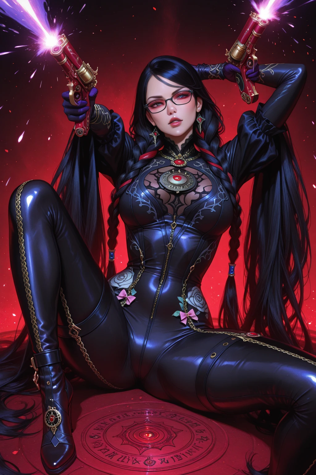 Bayonetta ,1woman, solo, breasts,glasses, blue eyes, gloves, ribbon, cleavage, jewelry, weapon, ass, earrings, mole, gun, bodysuit, makeup, feathers, lipstick, mole under mouth, dual wielding (realistic:1.2), (realism), (masterpiece:1.2), (best quality), (ultra detailed), (8k, 4k, intricate),(full-body-shot:1), (85mm),light particles, lighting, (highly detailed:1.2),(detailed face:1.2), (gradients), sfw, colorful,(detailed eyes:1.2)(detailed background),detailed landscape, (dynamic angle:1.2), (dynamic pose:1.2), (rule of third_composition:1.3), (Line of action:1.2)