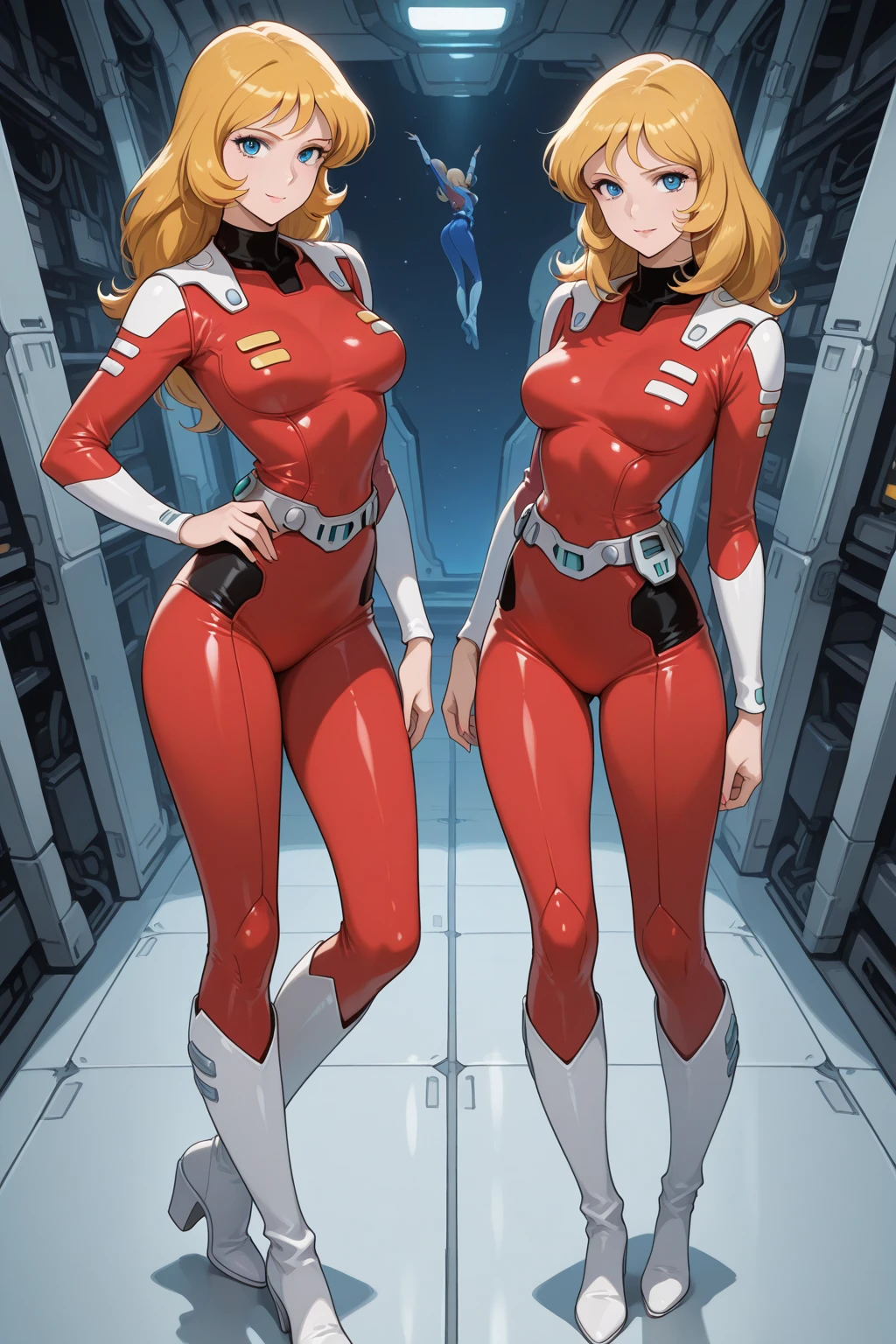 (overhead view),dynamic angle,very detailed, illustration, enlargement, upright, 1 woman, 
 ((Sour Asuka Langley, interface headset, Red bodysuit:1.4, blonde)),Her eyes shone like dreamy stars,(shining eyes:1.233),(beautiful and delicate eyes:1.1),(expressionless,closed mouth),(standing), 
(Mechanical room with tools and spaceship windows in white spaceship),
(night:1.2),dreamy, [[delicate fingers and hands:0.55]::0.85],(detail fingers),