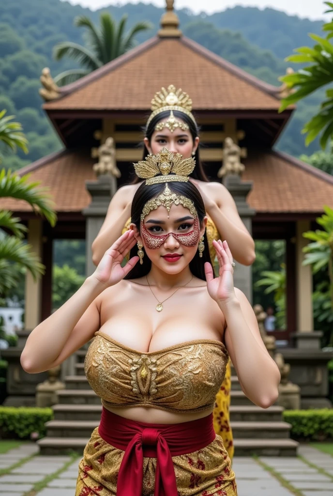 (thai woman),((highponytail)),(forehead),( Bikinis with a folkloric look:1.5),(enormous breasts:1.5),(Fantastic World:1.7),(Meadows and ponds:1.6), (Fictitious eastern-style and huge stone statues:1.3),big smile,  (cowboy shot:1.4),8k, UHD,