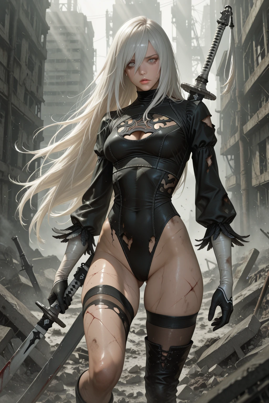 ((highest quality)), ((masterpiece)), (be familiar with), (High definition), 8K, Perfect Face、2Women、Two blonde women with cat ears、((Crying loudly))、((Sitting on the ground hugging my knees))、tall、2 Blonde cat ears、2. Long Hair、2. Volumetric hair style、big breasts、Narrow waist、Big Ass、glamorous、Alluring、protector、Armor、combat suit、combat boots、Armament、Equipped with large firearms、Cinematic、Best Shadow、Side lighting、NEO TOKYO、riot、explosion、tank、helicopter、(Close-up of face)