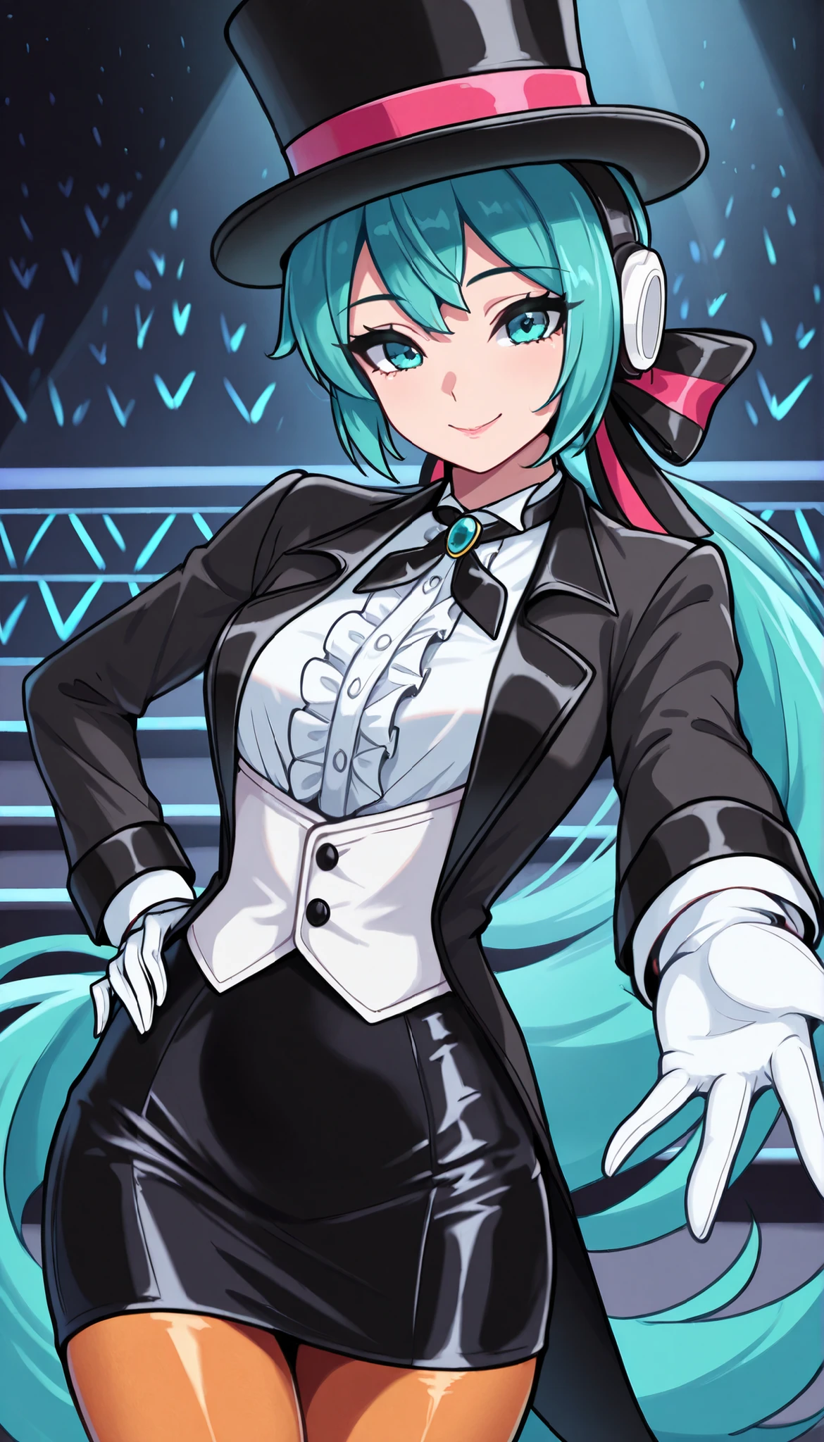 masterpiece, best quality, cowboy shot, solo, 1girl, magicianmiku, smile, looking at viewer, outstretched arm, hand on own hip, aqua hair, low ponytail, hair ribbon, black headwear, top hat, headphones, aqua eyes, black coat, tailcoat, coattails, open coat, long sleeves, white vest, buttons, white shirt, center frills, neck ribbon, black ribbon, brooch, white gloves, rouge lips ,skirt,pantyhose on stage