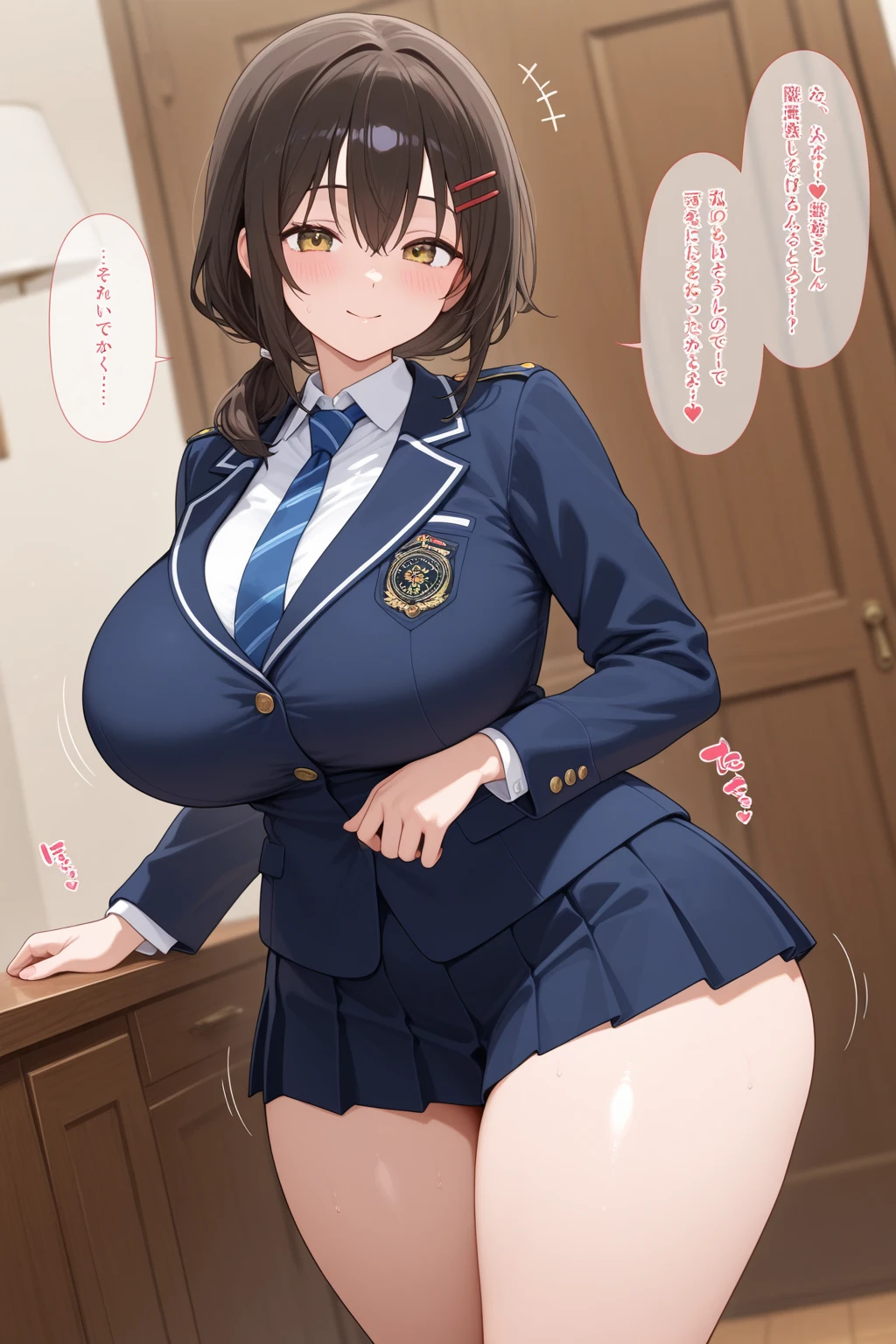 high quality，masterpiece。Cute brown-haired woman，high school girl，The hairstyle is short hair，bob cut。She stands upright with her face and body facing the viewer，true identity。her hands are empty，Both hands are not posed。she looks tall。Her breasts are huge and very big，Good style。she is smiling with a cute face，Both eye colors are green。Clothes: dark blue school uniform，navy blue blazer，navy blue skirt。black stockings on both legs。she is standing，The place I&#39;m standing is the classroom。