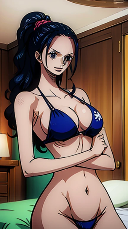 Robin de One Piece, sexy pose, What if , Elly, Red sari, 8k, anime, Shore, Big Boob, large ass, Looks sexy perfect quality eyes blue eyes standing blue bikini