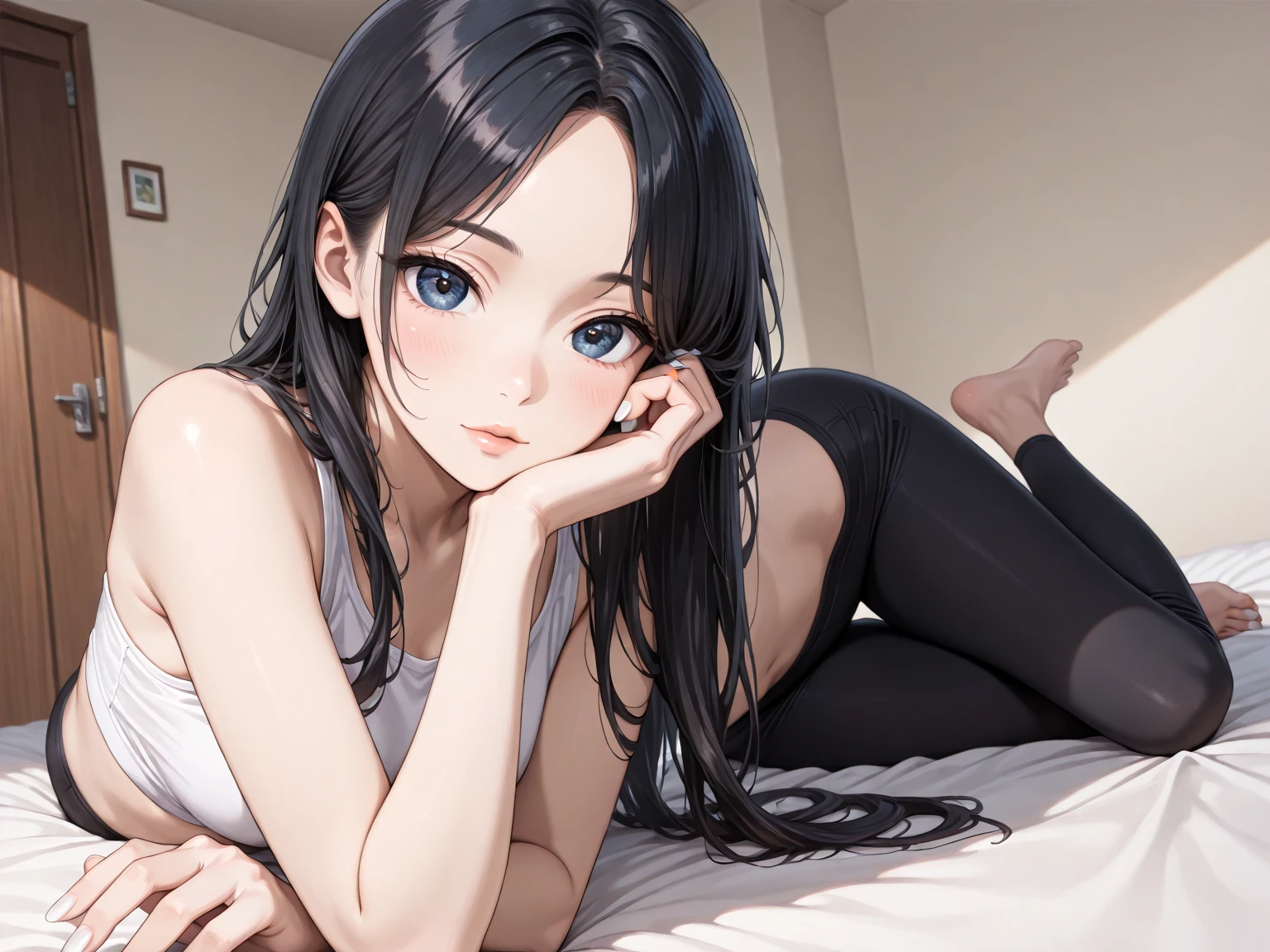 Beautiful girl, long black hair, blue eyes, adult body, In the bedroom, facing the camera, sitting on the bed, sexy pose, hair bows, big ass and breasts, mini shirt.