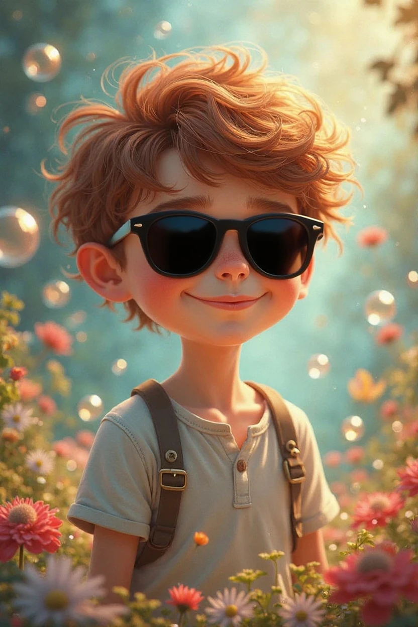 A boy with red hair, wearing sunglasses, smiling and laughing.