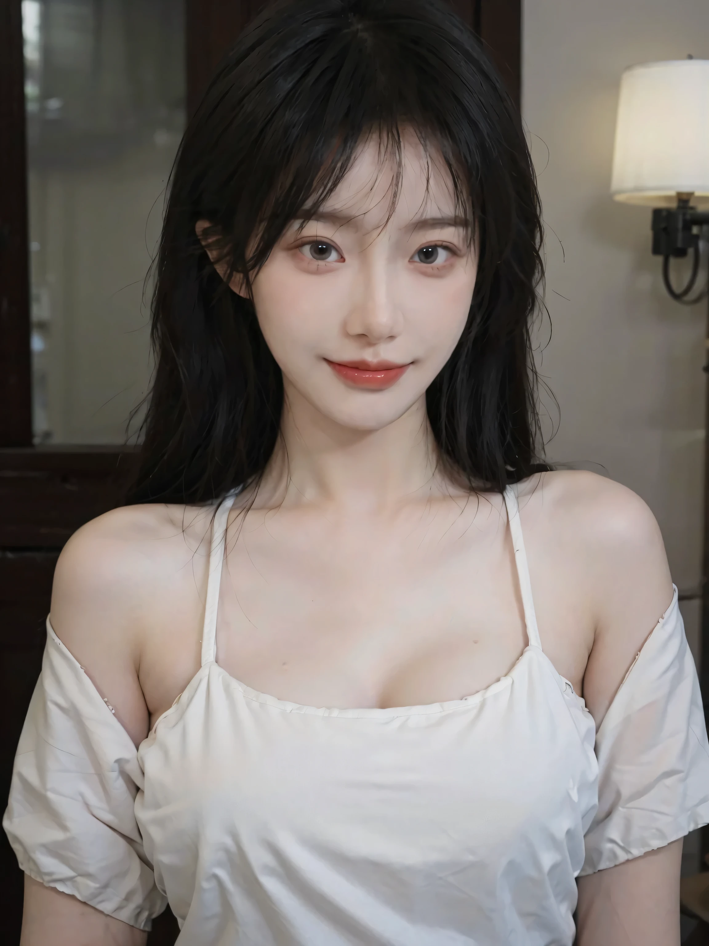 best qualtiy, 超高分辨率, (realisticlying:1.4), one-girl,Long azure hair, A pair of clear and moving peach blossom eyes,Royal Sister,Fair skin,(full bodyesbian:1.8)a sense of atmosphere,a beauty girl, ssmile,white wedding gown, looking at viewert, closeup cleavage ,(Photorealistic:1.4),1girll,Sexy,(Black bra:1.2),(Big breasts:1.9),(Upper body:1.4),(Wet body),(:1.4)