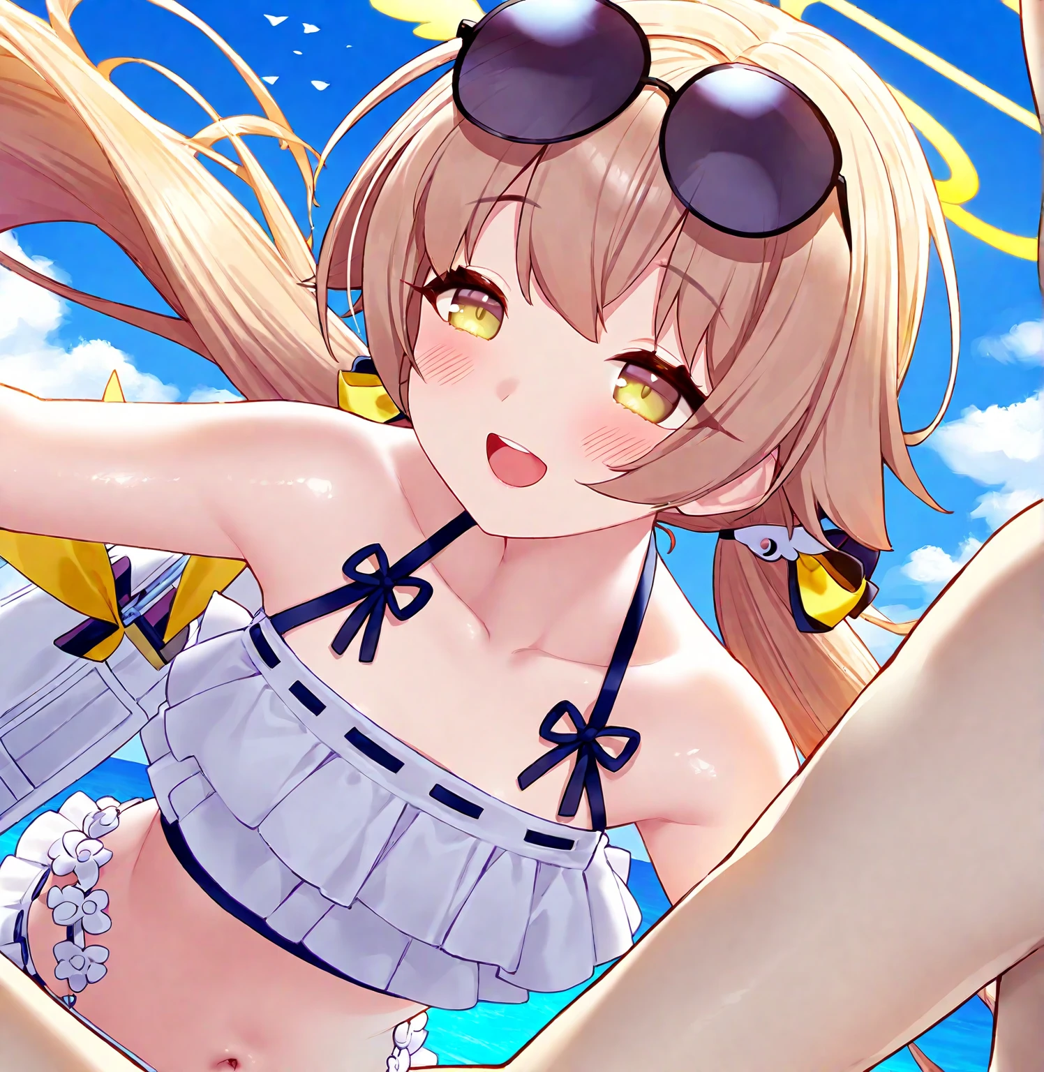 toyosatomimi no miko,1girl, solo, looking_at_viewer, medium_breasts, earmuffs, closed_mouth, yellow_bikini, innertube, traditional_media, bracelet, feet_out_of_frame, blush
<lora:toyosatomimi_no_miko_image4798_2023-12-20-000009:1>,star-shaped_pupils,symbol-shaped_pupils,. gorgeous,key visual, vibrant, studio anime,award-winning, professional, highly detailed,high budget, cinemascope