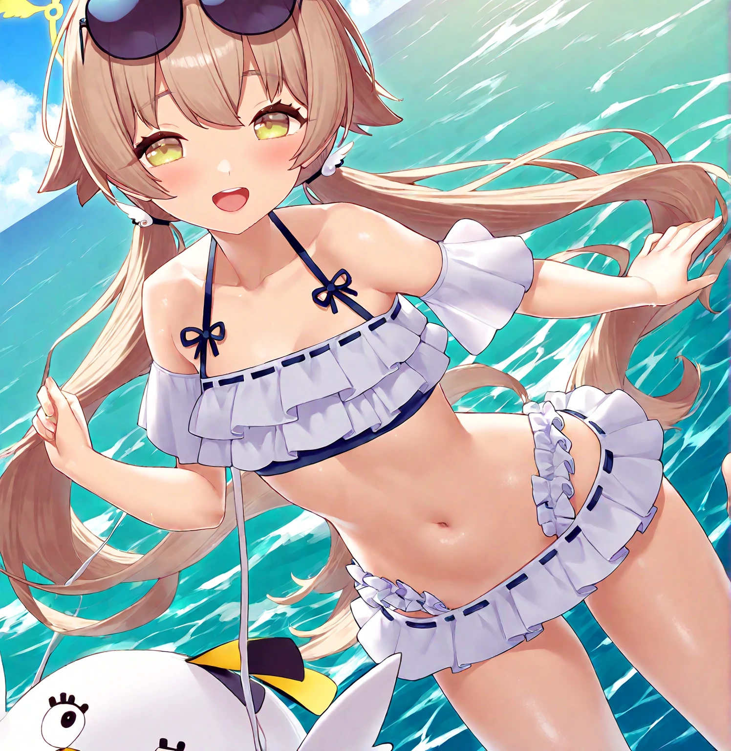 intricate details,nsfw, 1girl,child-faced,short,small face,wavy hair,side low ponytail,pale brown hair,yellow scrunchie,gray eyes,(tan:1.4), almond eye,half-closed eyes,parted lips, (large breasts:1.2),narrow base breasts,narrow waist,wet,parted lips,blush, life vest,open life vest,inflatable vest,naked,triangle bikini,underboobs, sea,swimming in the sea,splashing, Particles of Light,lens flare, BREAK
