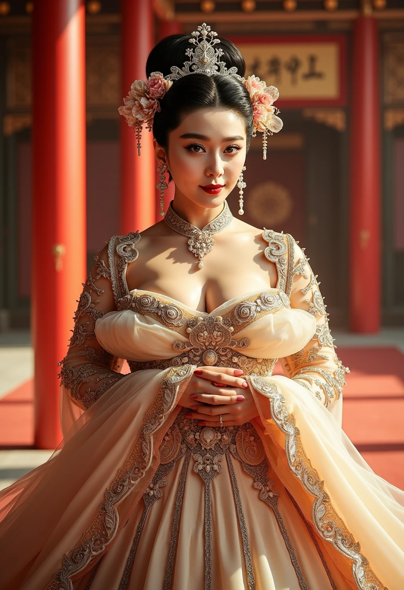 Chinese actress Xu Xun in The Legend of Ruyi (Zhou Xun) A Qing dynasty Empress standing in the foreground, showing her large breasts, her hairy pussy and underbelly, naked without underwear on the cobblestones outside a Chinese palace during the Qing dynasty、Chinese empress hairstyle big crown