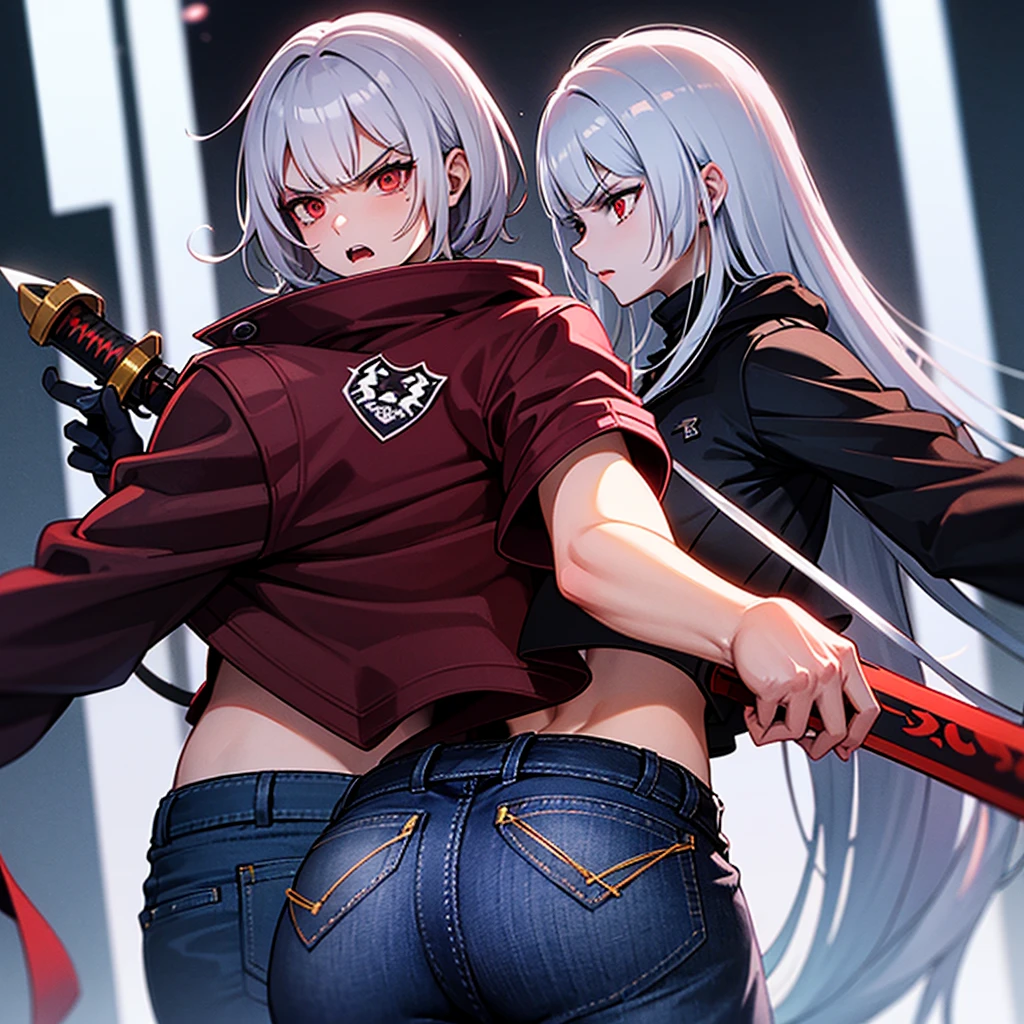 (1 girl), (Pale skin, red eyes, detail eyes, white hair, short hair, big ass, medium breasts, tight abs, blushed), (cropped hoodie, unzipped jeans shorts, tights, no panties, mitts)
