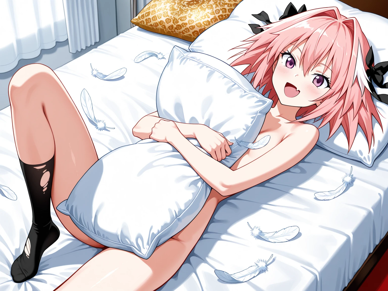 score_9, score_8_superior, score_7_superior, sauce_anime,
Mikkajogasaki, Mika Jogasaki, hair bow, Long Hair, Pink Hair, Yellow Eyes, ponytail, smile,
bow,(((Completely naked))),
indoor, bed, bed room, ~ side, blush, Drunk,
View your viewers, Dutch Angle, Cowboy Shot,