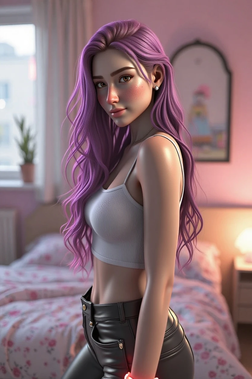 A stunningly beautiful woman with lilac curly hair, weighing 60 kilograms, posing in a full-body shot. She is wearing a knotted t-shirt near her chest and a fine fabric mini skirt with ruffles, paired with high heels, exuding elegance and confidence. The soft lighting highlights her features and the texture of her outfit, making the scene feel vibrant and realistic.