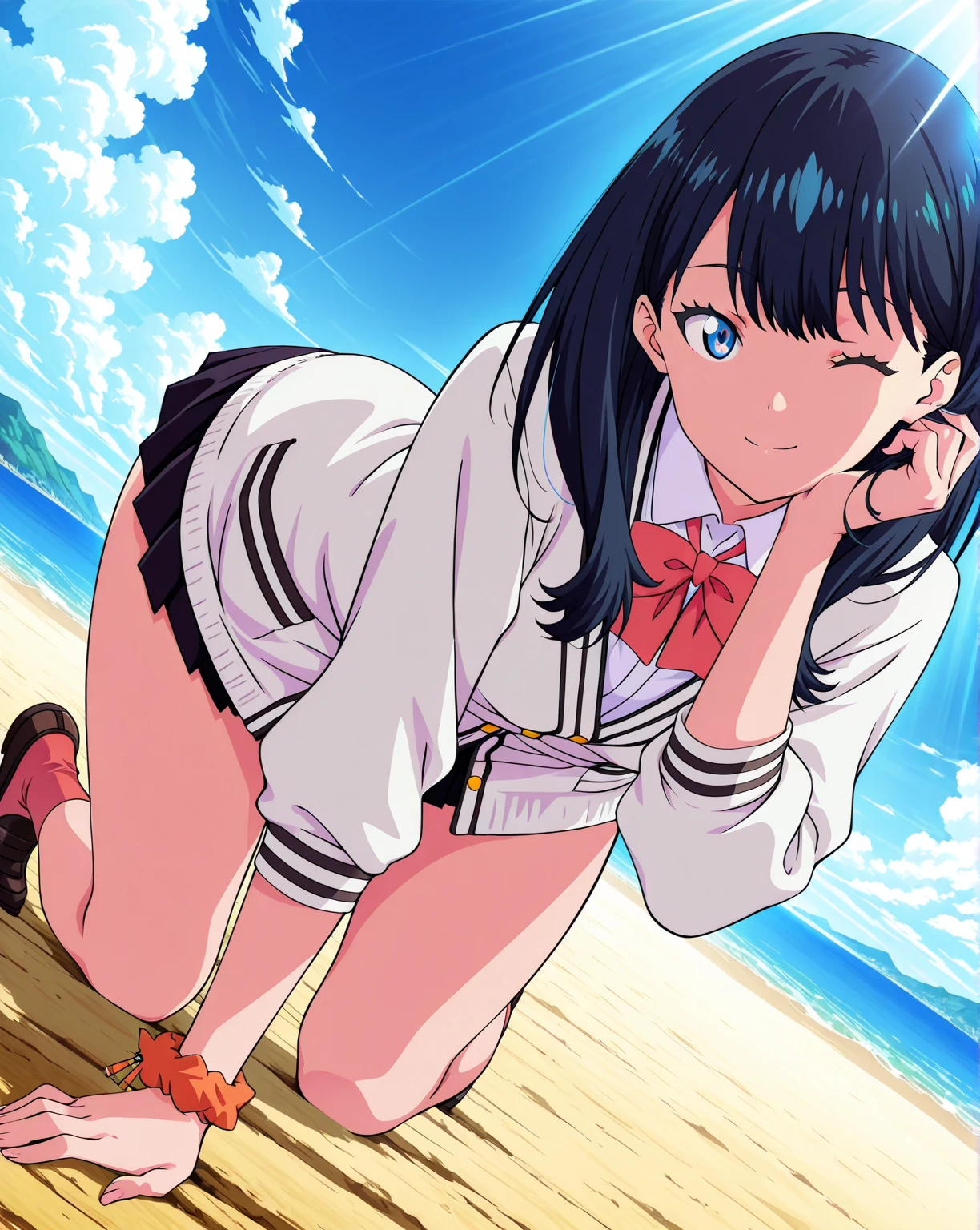 squat, Madoka Ayukawa, 14 years old, bangs, 1girl, masterpiece, highest quality, disorganized, retro artstyle, 1980s \(style\)))), look viewer, (((scool sailor uniform))), full blush, (((no Panties))),, Take a look here, (((nsfw))), view audience, nsfw, Genitals are visible,1girl, (((See here))), nsfw, (Japanese girl showing off genitals:1.1), look viewer, (((squat on the beach, knee standing,))),