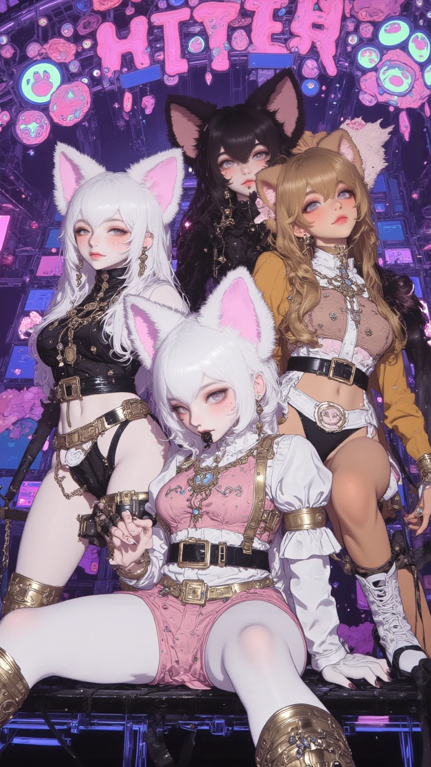 harems Multiple girls are depicted a smile a blond Pink hair leather jackets blue eyess top-quality masterpiece 超A high resolution body suit Loose socks real looking skin
