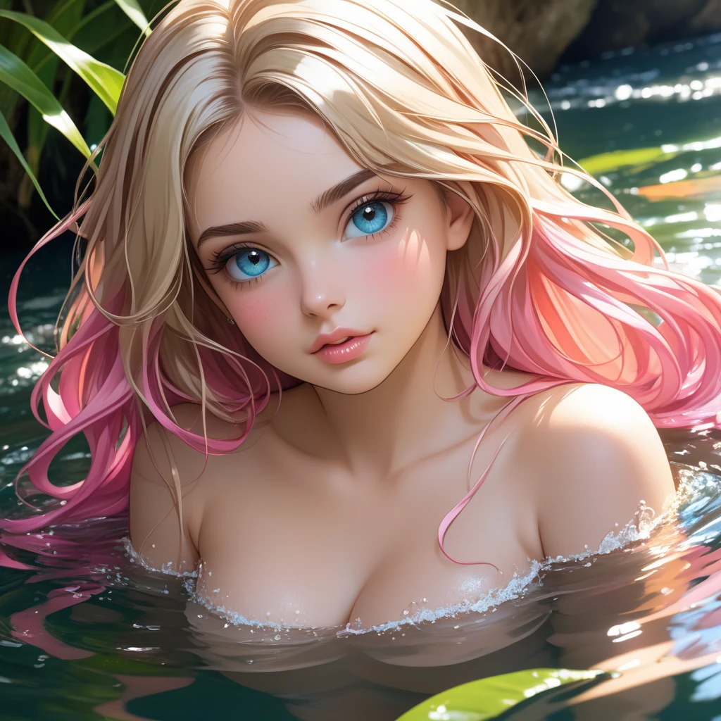 nymph , face perfect, cold shades , pink coloration +330 , white hair , blue colored eyes, sea wave, 8K, 4HD, ((super quality)), ((High definition))