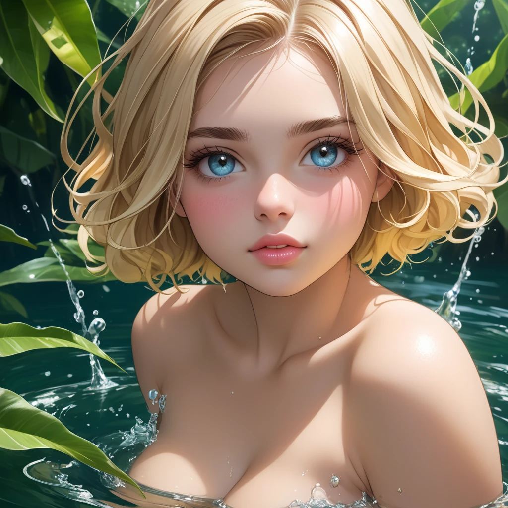 (best quality, 4K, masterpiece :1.3), pretty Woman, 1 girl, (breast, attractive body :1.2), abdominal muscles :1.1, (Brown French short curly hair with blonde highlights: 1.1), (wet from rain, get wet by rain, wet :1.2), Super detailed face, delicate lips, delicate eyes, double eyelids,