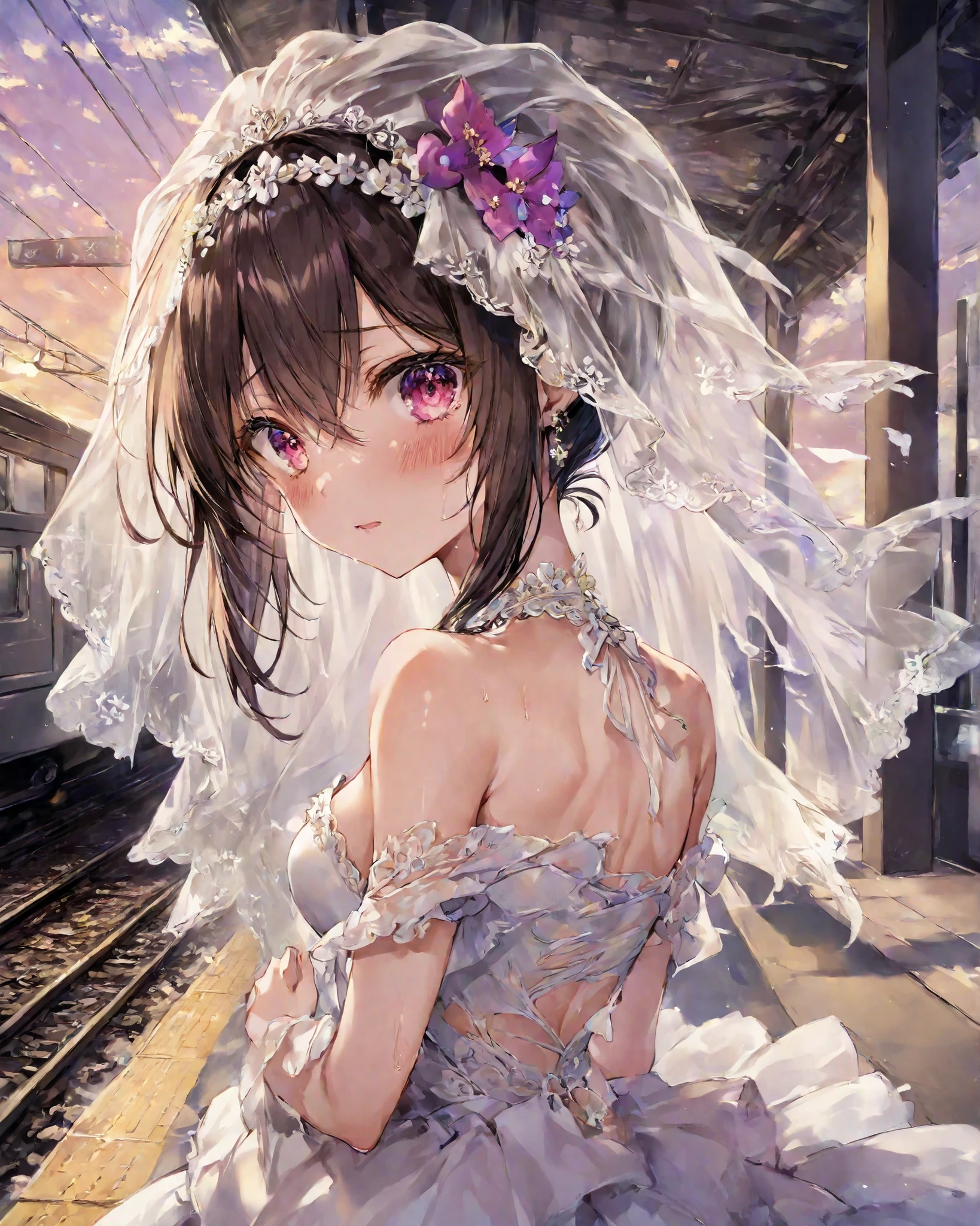 A young Brazilian girl in an old train station at dusk, holding a faded bridal veil. Behind her, the ghost of a bride with a torn dress and sorrowful eyes walks the tracks. The scene is tinged with nostalgic sadness, fog curling around the station like forgotten promises.