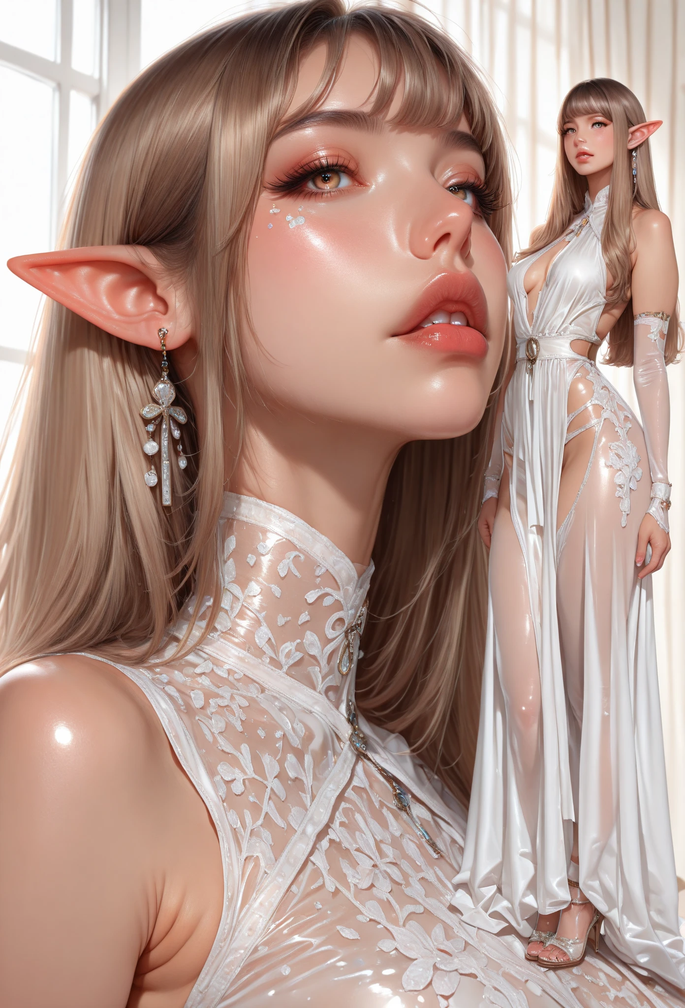 Full body photo of skinny fit elf dancer looking at viewer, intricate translucent exotic dance dress, NeonHypnoPMV, pink lipstick, thigh gap,six-pack abs, perfect skin, perfect face, cameltoe, photo realisitic, natural skin, legs apart, in view, ahegao, sultry gaze, seductive look