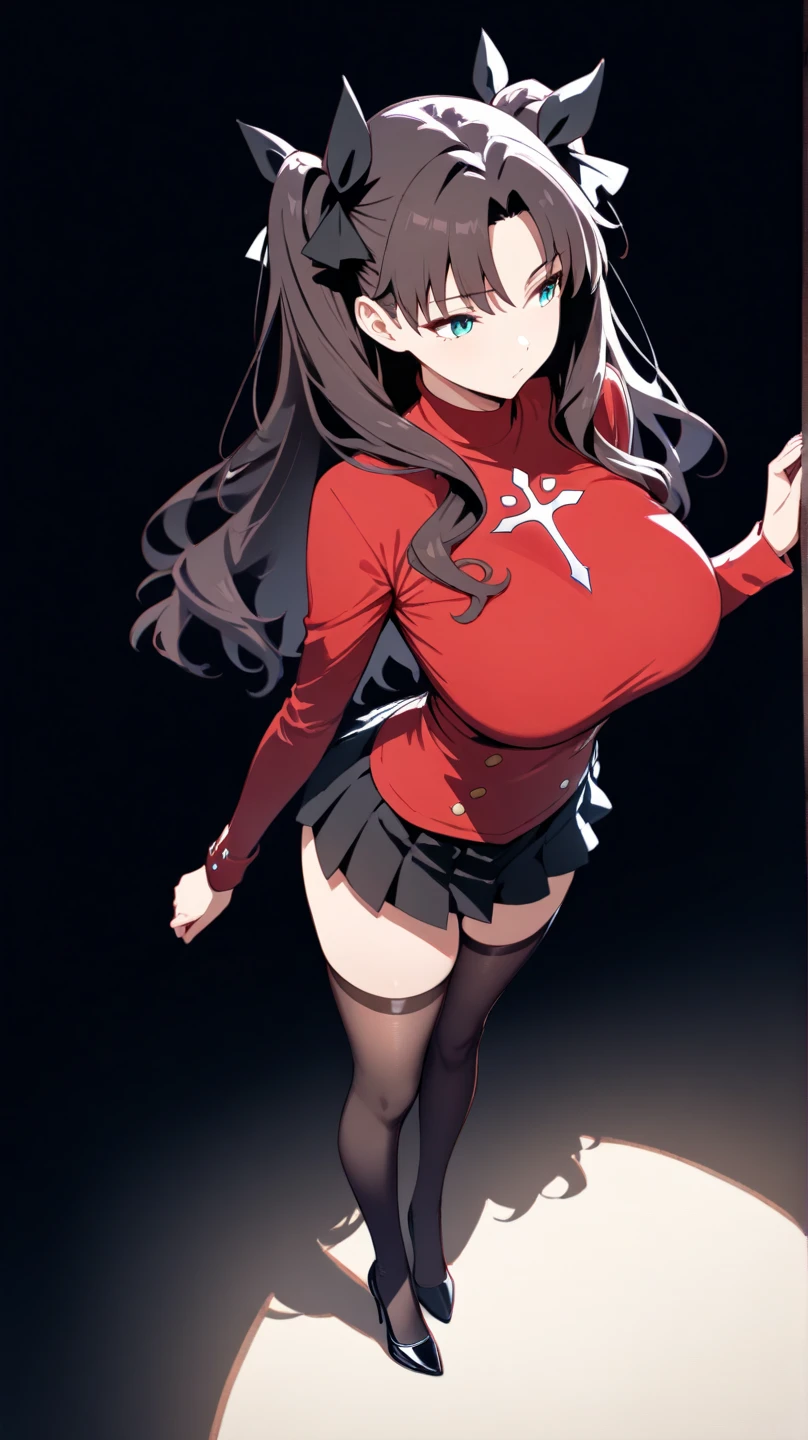 Adult Woman, Wizard Cosplay、long brown hair、waved hair、Brown Eye, lip stick, Smile, masutepiece, hiquality、sexy pose、Red and black sleeveless knit、Black jacket、medium large breasts、soft boob、Dark red pleated skirt、knee high stockings、high heels boots、Luxurious earrings、Church of the castle、(Butt sticking out pose)