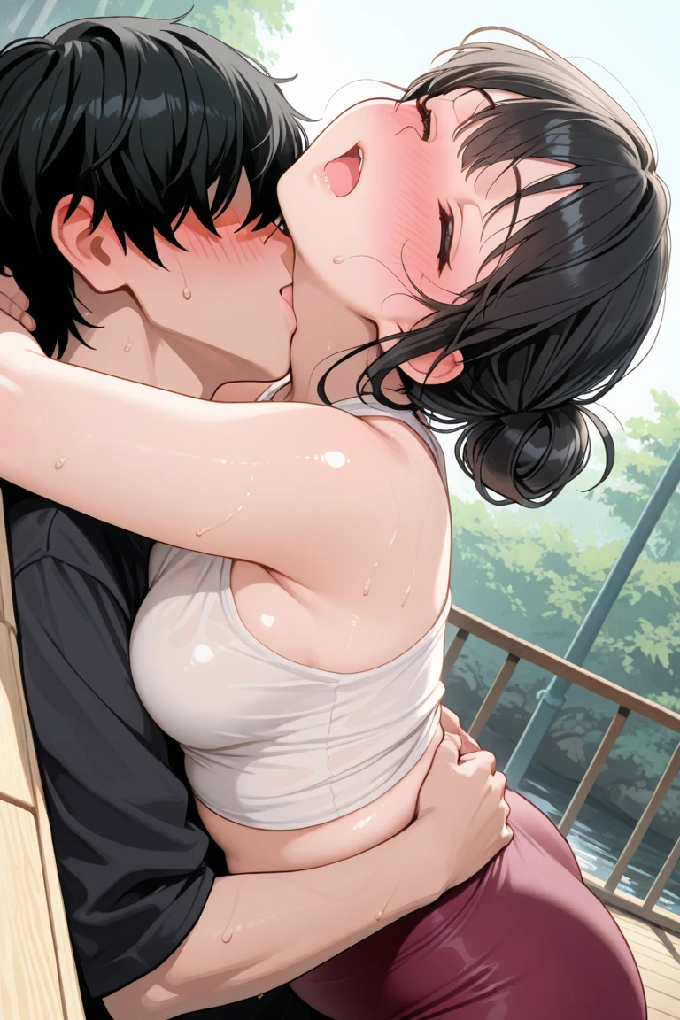1boy, 1girl, hetero, closed eyes, tongue kiss, tongue out, sitting, partially submerged, hot spring, waterfall, breast press,(swimsuit), hugging, soaking wet, abs, <lora:KISSING_V1:0.8>