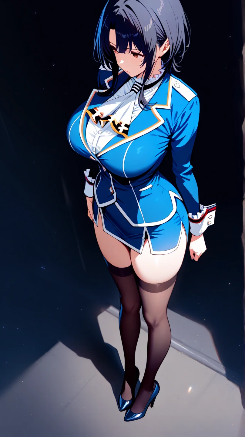 full body standing straight symmetrical, huge boob(masterpiece, best quality:1.2), cowboy shot, solo, 1MILF, mmplatz, smile, looking at viewer, hands on hips, twintails, twin drills, dress, blue pantyhose, striped pantyhose, Handcuffs on their hands, With a collar around the neck