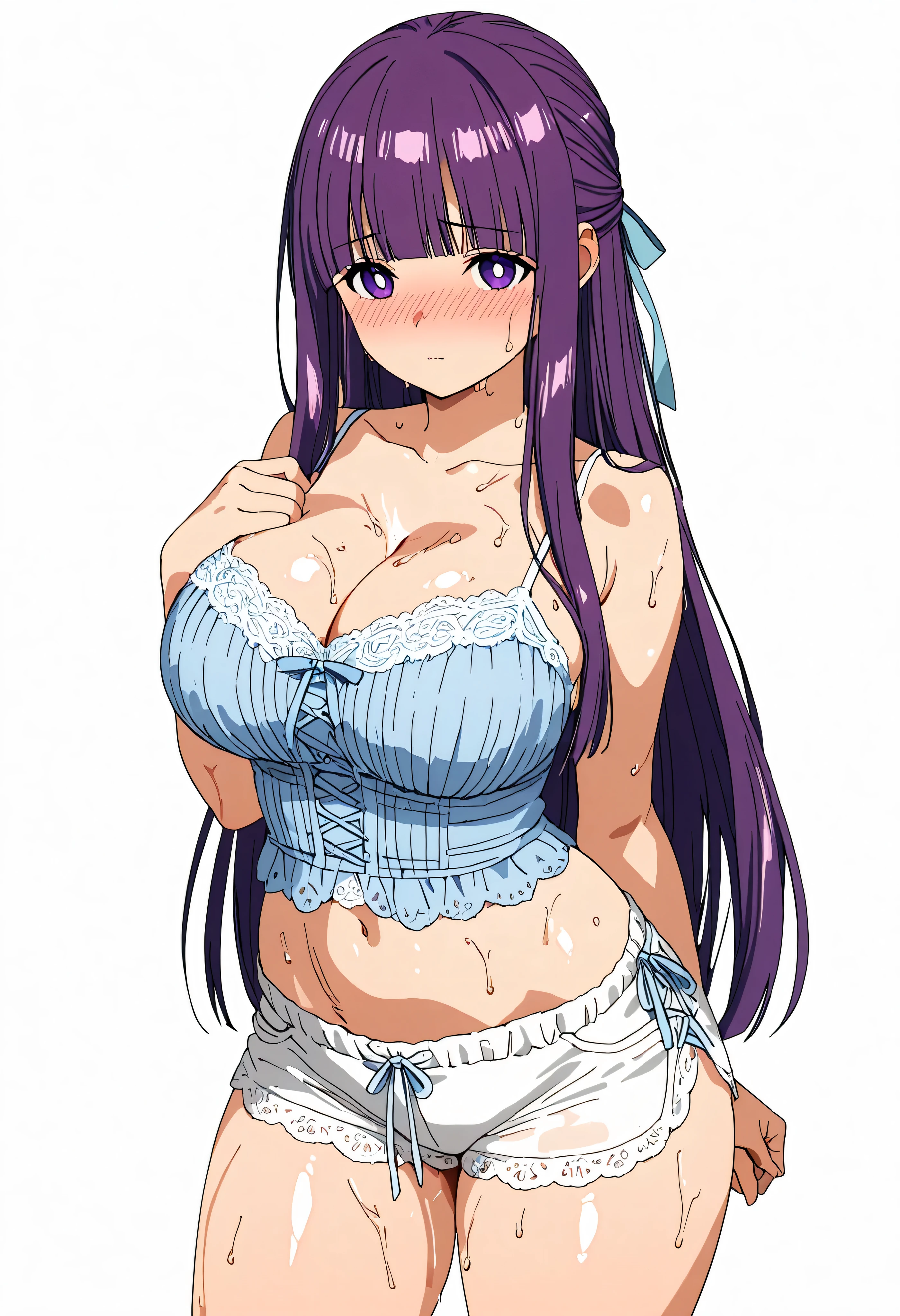 girl, full body, cowboy shot, (Rembrandt), illustration, (masterpiece), (best quality), (ultra_detailed), finely detail, (Depth of field), HshinoAi, tongue out, tongue, long hair, star \(symbol\), looking at viewer, (purple hair:1.2), purple eyes, upper body, hair ornament, :p, idol, symbol-shaped pupils,naked overalls, collar,blushing,sweating, (breathing hard), (panting), anime, smile, huge ass, huge breasts, huge thighs, narrow waist, wide hips, thick thighs, curvy, bangs, one side up, star-shaped pupils, farm,