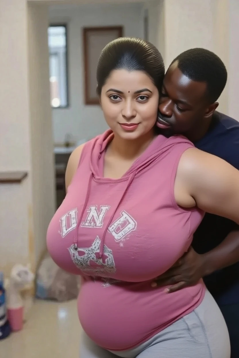 Sexy interracial couple, brown indian man half bald, beard, tall, muscular, brown(ebony skin) chubby woman long hair, big breast, big nipples, big hip, big curvy ass, man wearing t shirt and yoga pant, woman wearing white bra, cleavage, front view, couple, detailed.
