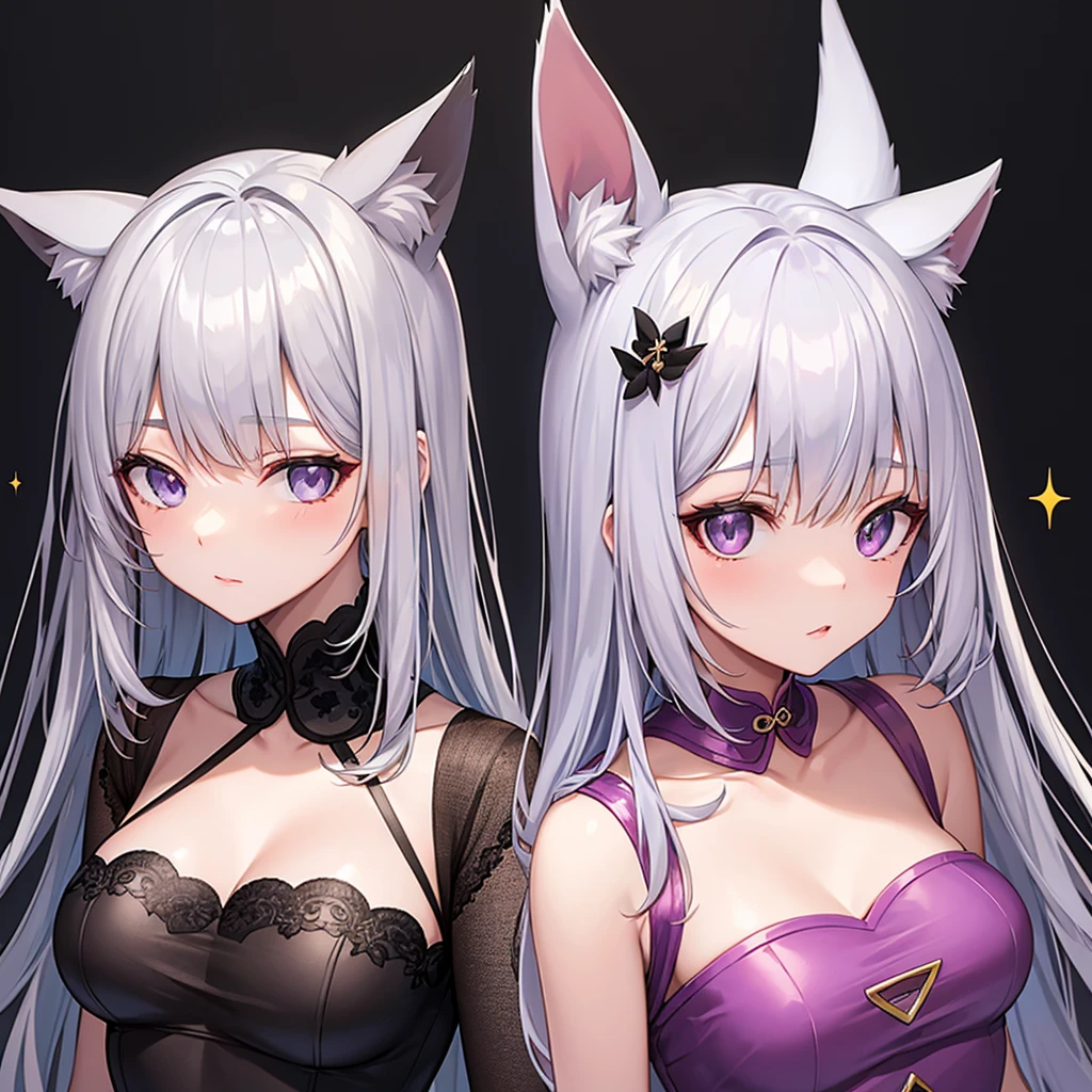 A battlefield, focus on two women facing each other, their legendary swords thrust diagonally, (anger/Will), wearing mystical armor, one with an aura of light, the other with a dark aura, white and black flames all around, best qualityer, masterprice, raytracing, face detailed, 8 k wallpaper, (high resolution), breasts big, open armor, animal ears, bangss, fox ears, fox tail,