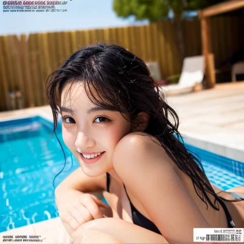 ((Highest quality, 8k, masterpiece :1.3)), whole body, (Only 1 person：1.5),(Realistic pose：1.2), Sharp focus :1.2, Japanese women,smile, Nogizaka Idol :1.4, (Big Breasts :1.2), Accentuate your buttocks, Sexy Swimwear :1.1, Thong, The swimsuit is digging into her buttocks,Pool Background, Highly detailed face and skin texture, double eyelid
