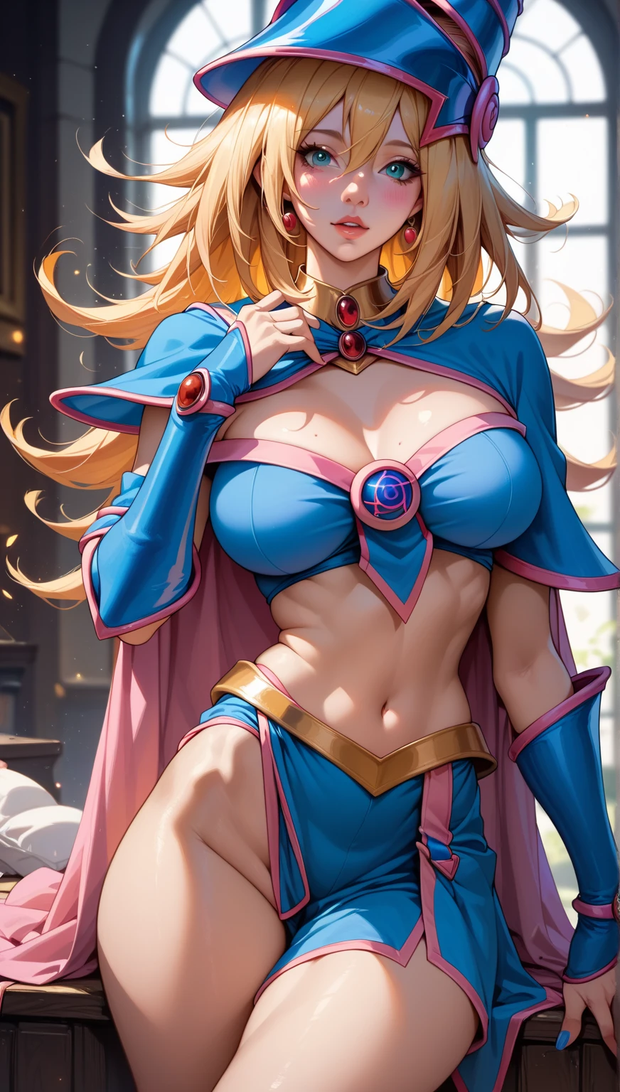 (obra maestra:1.2), (La mejor calidad:1.2), Perfect lighting, Chica Maga Oscura lanzando un hechizo, In his twenties, flotando en el aire, tetas medianas visibles, escote transparente, blue robe, sombrero grande, desde arriba, Destellos, Yugioh juego, The magic of the heart. LIGHTS OF THE HEART, Romantic heart. Apocalipsis
