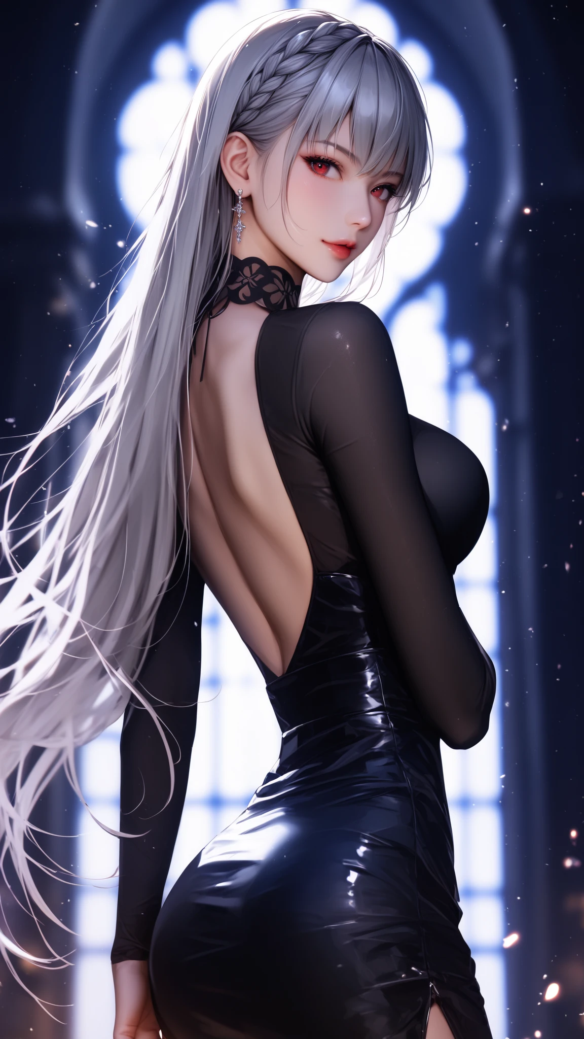 cartoony，perverted woman，pack，succubi，pornography，streaming tears，cute little，white color hair，blacksilk，cathedrals，saintess，opening legs，sitting down，Divinely
